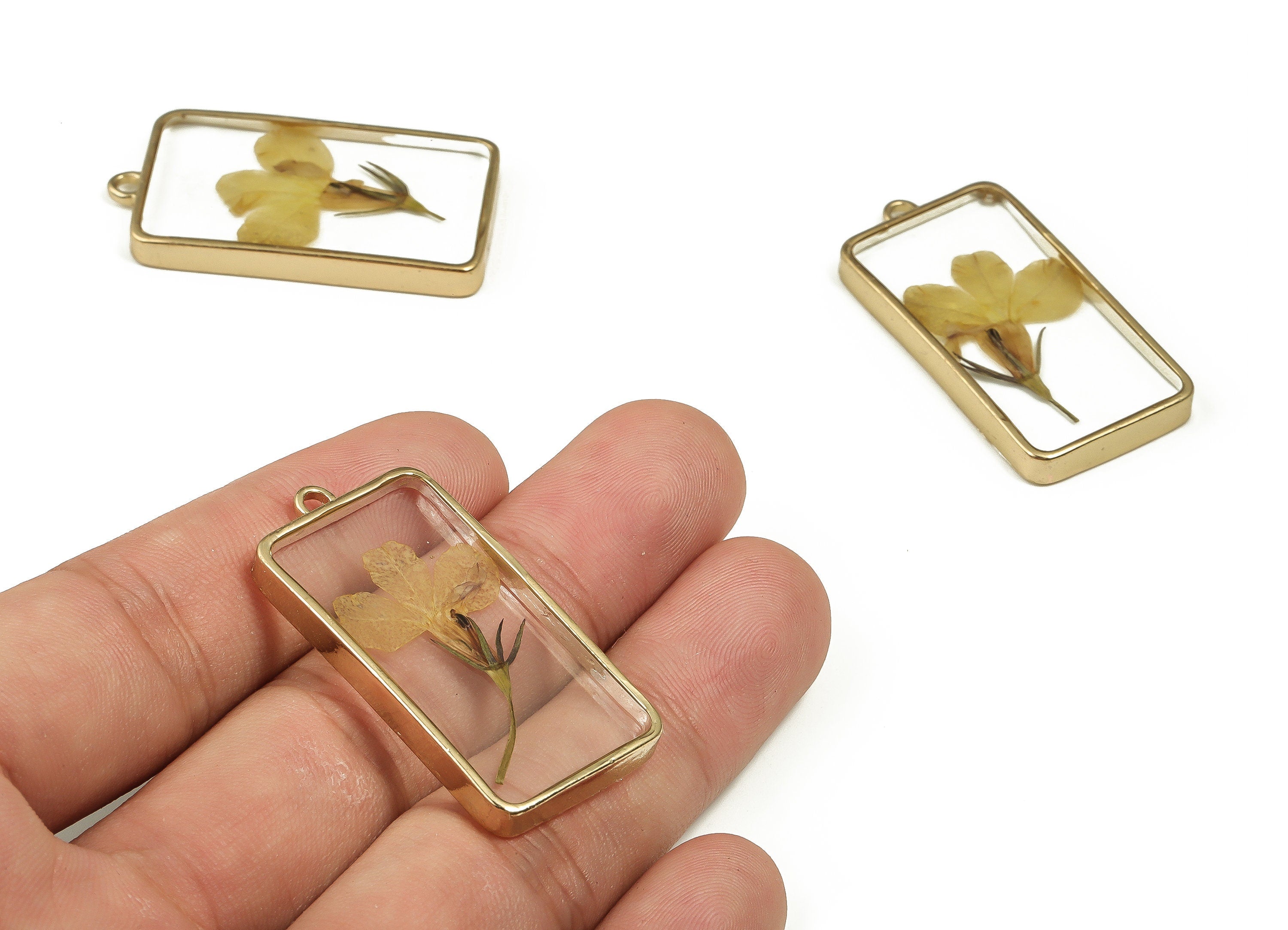 Epoxy Resin Rectangle Real Flower Earring Charms - Epoxy Resin Garden Lobelia Pendant - Gold Tone Plated Alloy - 40.45x20.72x4.64mm - ZZ1879 - DOMEDBAZAAR