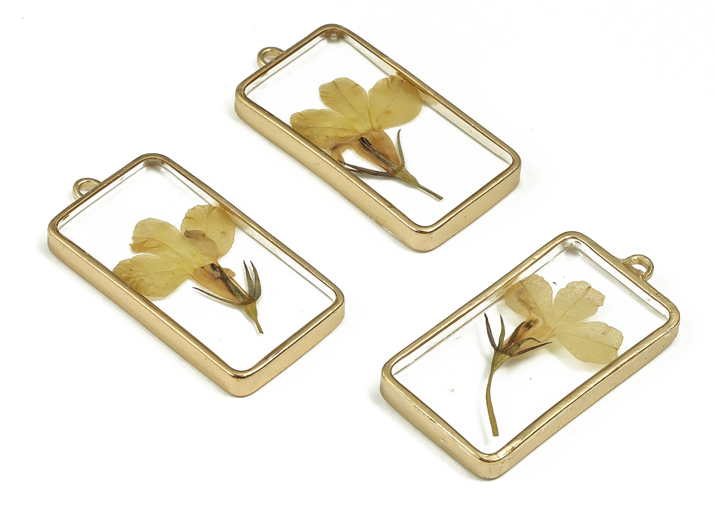 Epoxy Resin Rectangle Real Flower Earring Charms - Epoxy Resin Garden Lobelia Pendant - Gold Tone Plated Alloy - 40.45x20.72x4.64mm - ZZ1879 - DOMEDBAZAAR