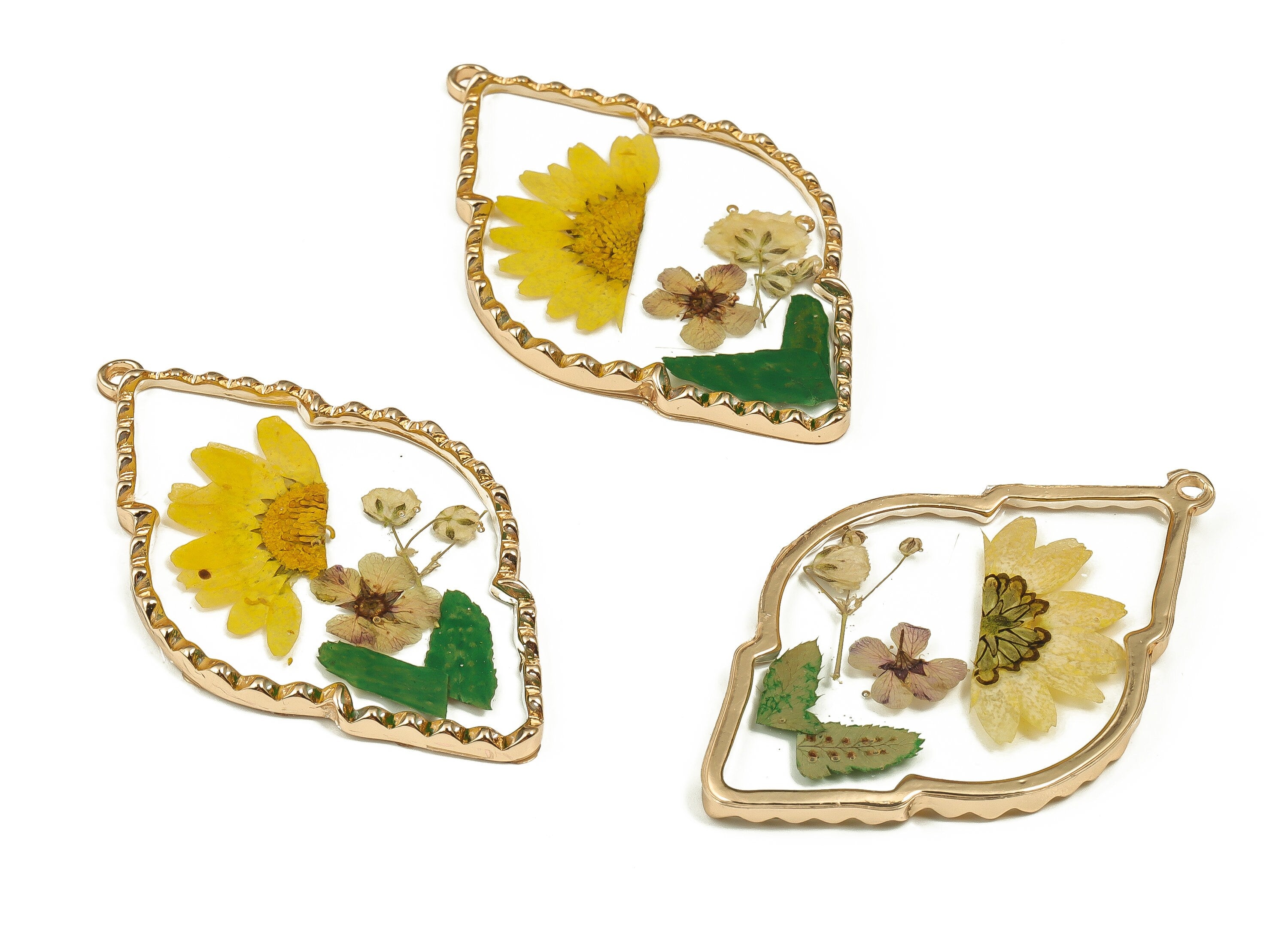Epoxy Resin Diamond Real Flower Earring Charms - Needle Chrysanthemum&Narcissus Pendant - Gold Tone Plated Alloy - 54.3x33.39x3.1mm - ZZ1888 - DOMEDBAZAAR