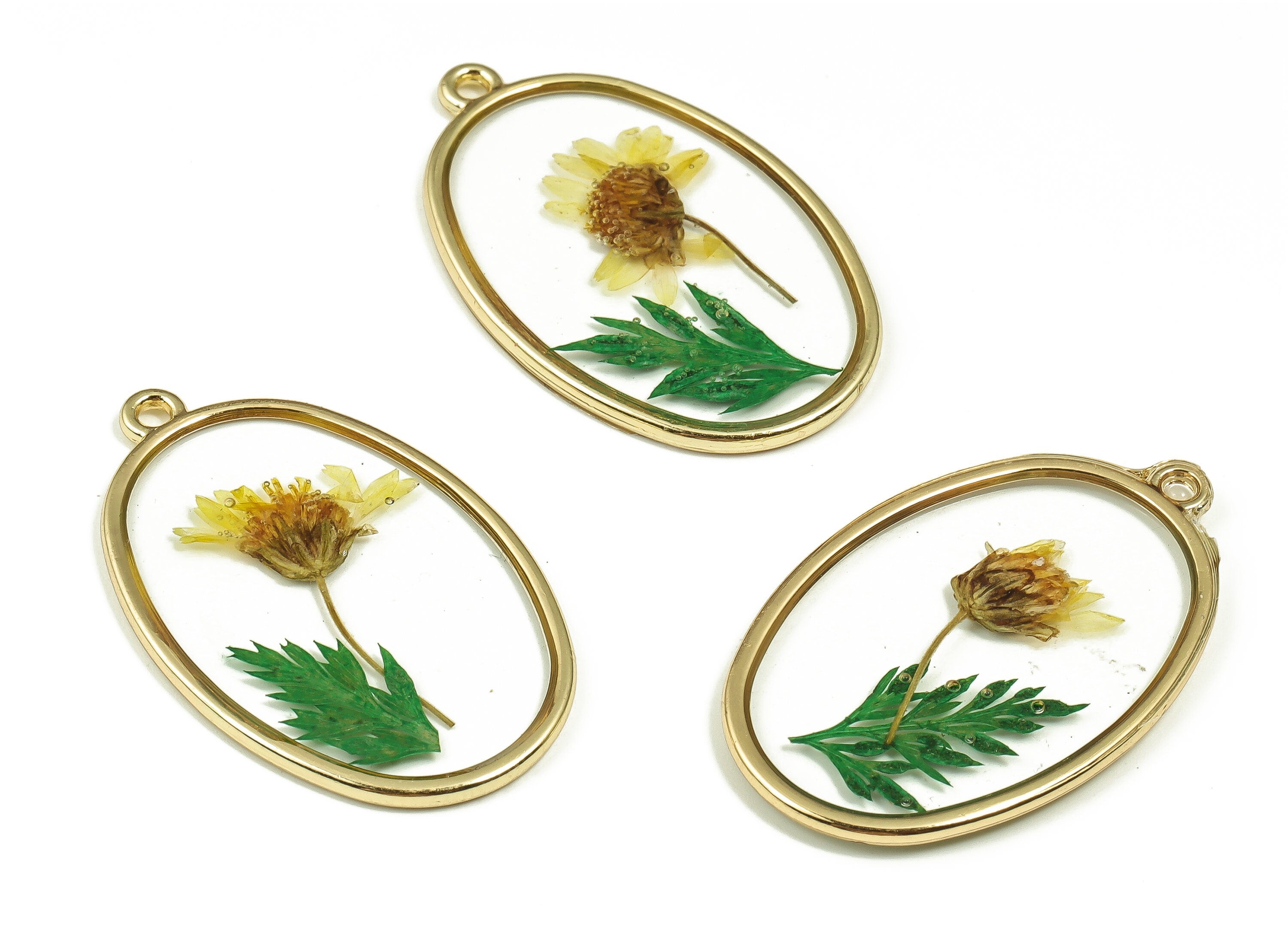 Epoxy Resin Oval Real Flower Earring Charms - Resin Sunflower&Black Pout Leaf Pendant - Gold Tone Plated Alloy - 34.95x2.17x2.17mm - ZZ1846 - DOMEDBAZAAR