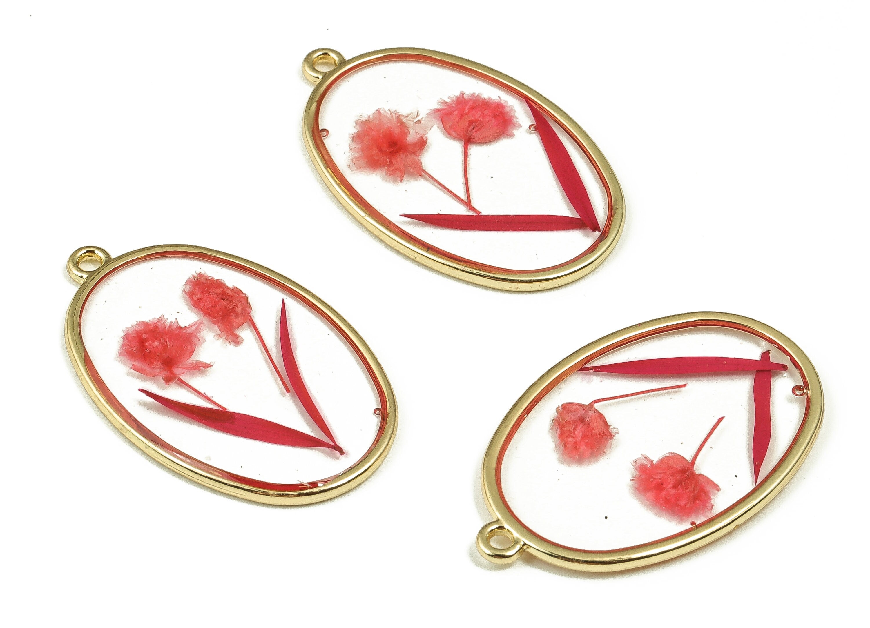 Epoxy Resin Oval Real Flower Earring Charms - Epoxy Resin Babysbreath&Red Leaves Pendant - Gold Tone Plated Alloy - 34.8x22.1x1.9mm - ZZ1842 - DOMEDBAZAAR