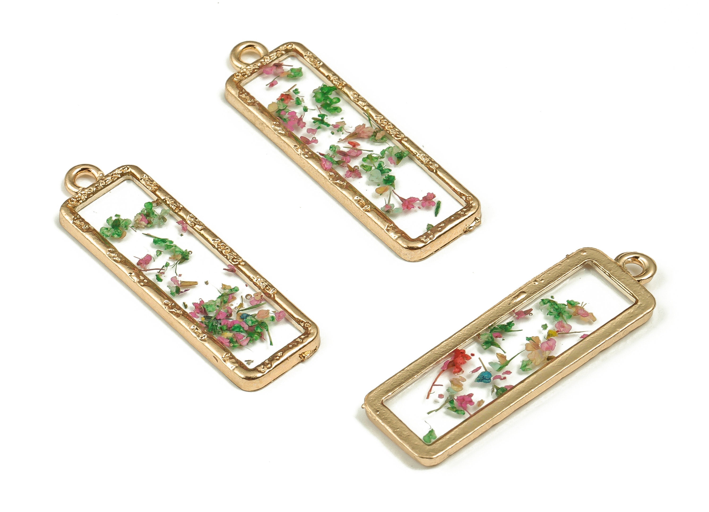Epoxy Resin Rectangle Real Flower Earring Charms - Epoxy Resin Broken Lace Pendant - Gold Tone Plated Alloy - 33.49x10.47x2.55mm - ZZ1854 - DOMEDBAZAAR