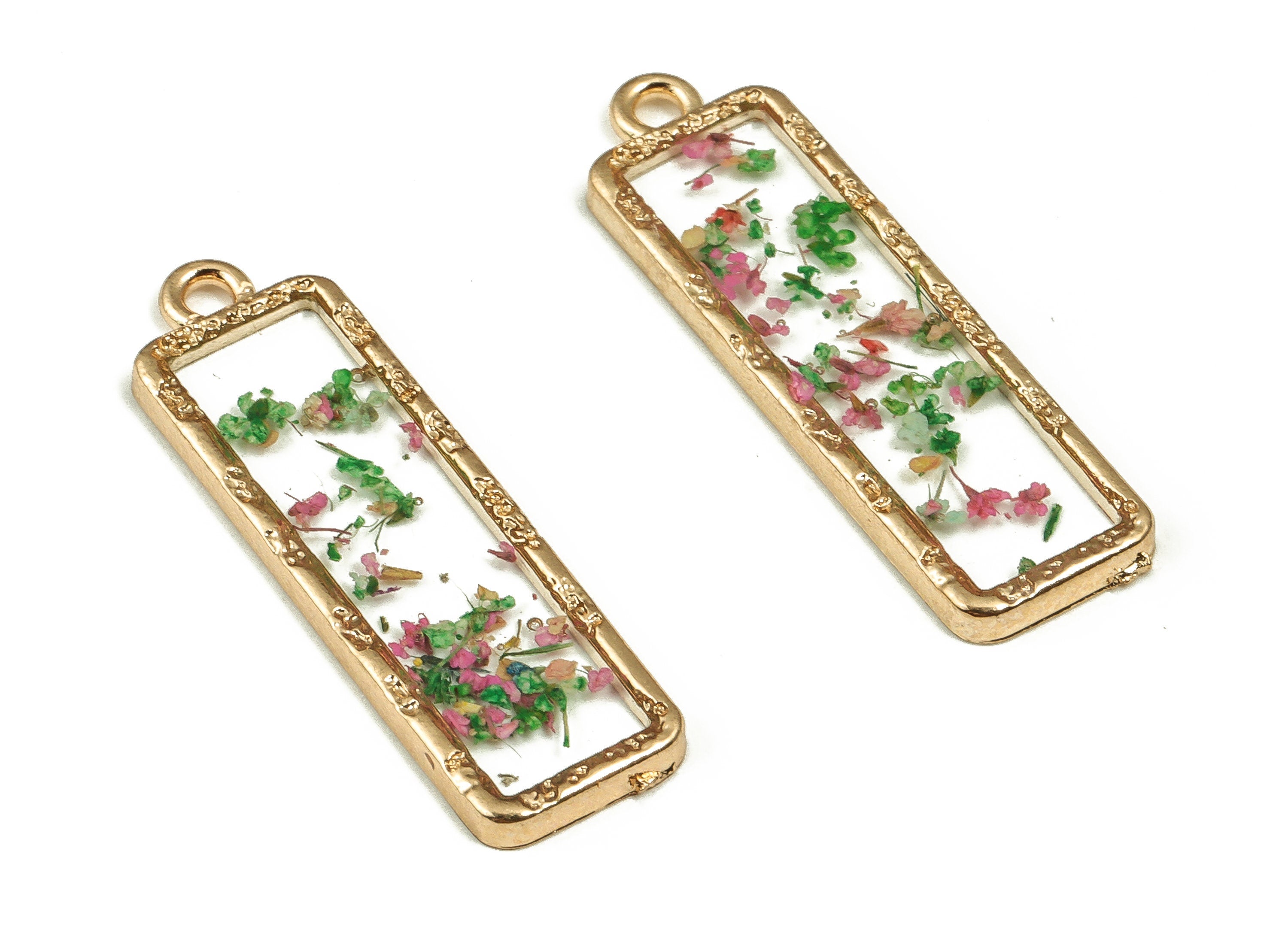 Epoxy Resin Rectangle Real Flower Earring Charms - Epoxy Resin Broken Lace Pendant - Gold Tone Plated Alloy - 33.49x10.47x2.55mm - ZZ1854 - DOMEDBAZAAR