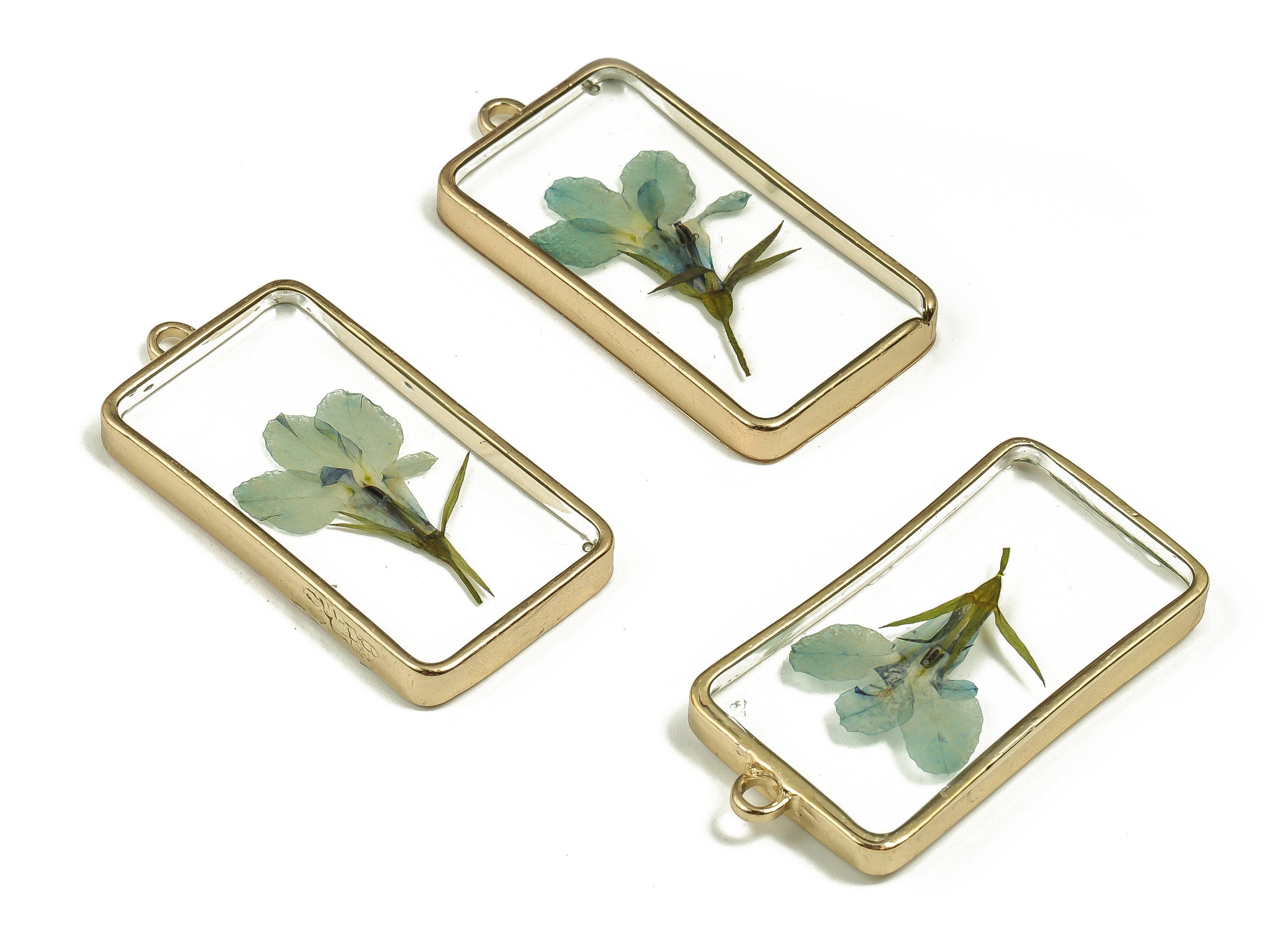 Epoxy Resin Rectangle Real Flower Charms - Epoxy Resin Garden Lobelia Pendant - Gold Tone Plated Alloy - 40.38x20.61x4.4mm - ZZ1874 - DOMEDBAZAAR