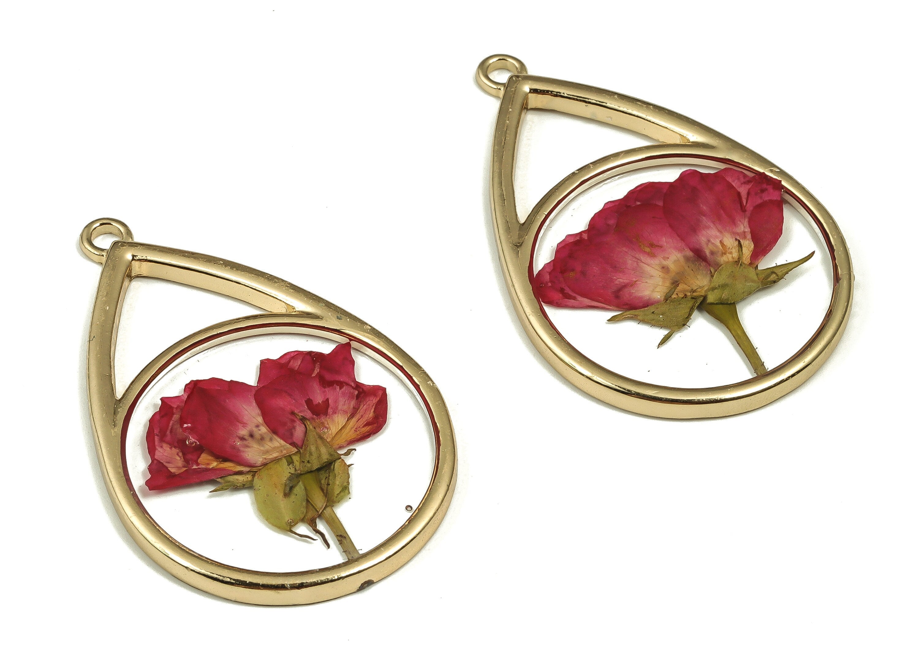 Epoxy Resin Drop Real Flower Earring Charms - Epoxy Resin Chinese Rose Pendant - Gold Tone Plated Alloy - 46.38x29.92x3.32mm - ZZ1851 - DOMEDBAZAAR