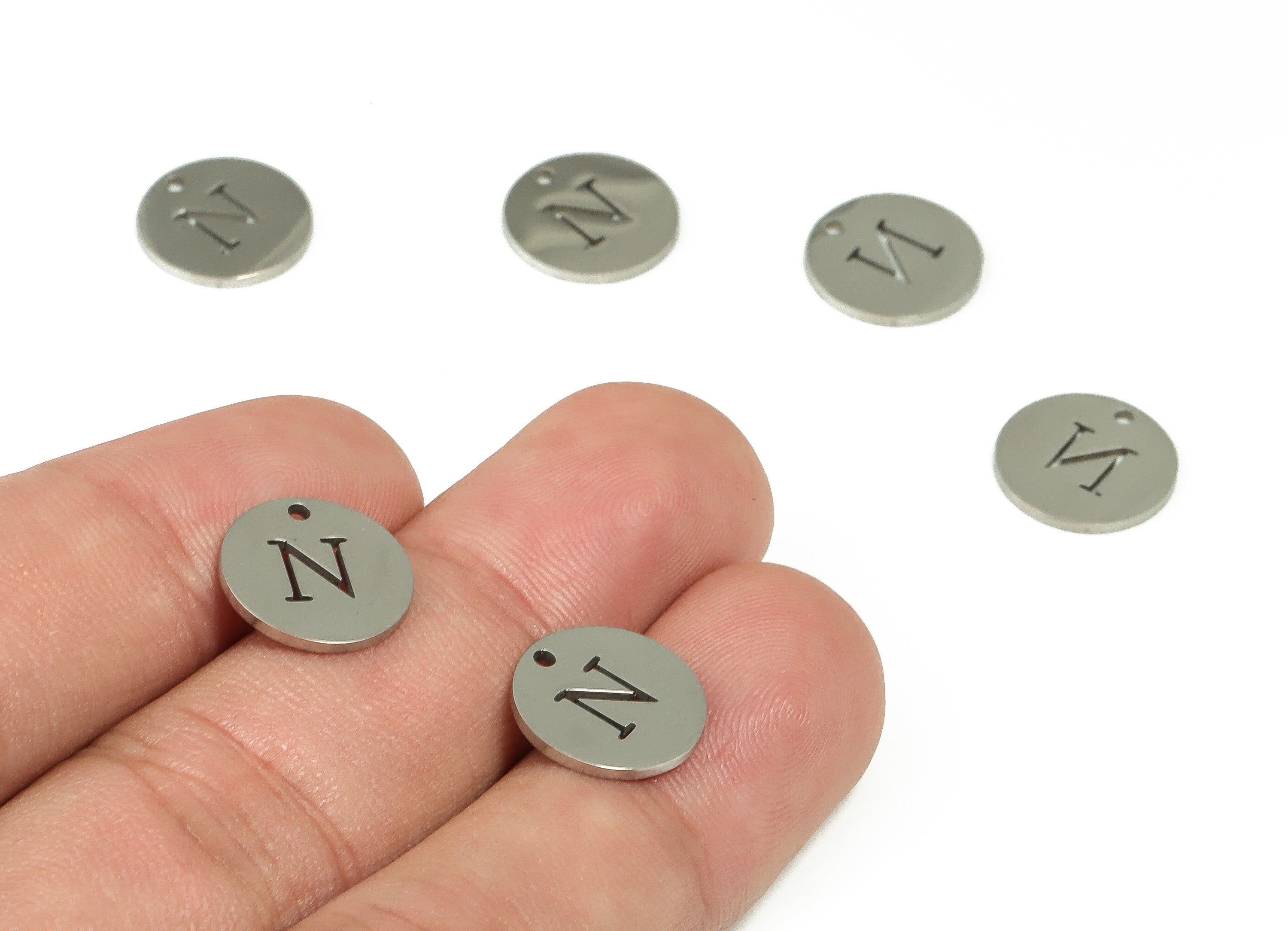 Stainless Steel Round Earring Charms - Stainless Steel The letter N Pendant - Earring Findings - Jewelry Supplies - 12x12x1mm - SS1215N - DOMEDBAZAAR