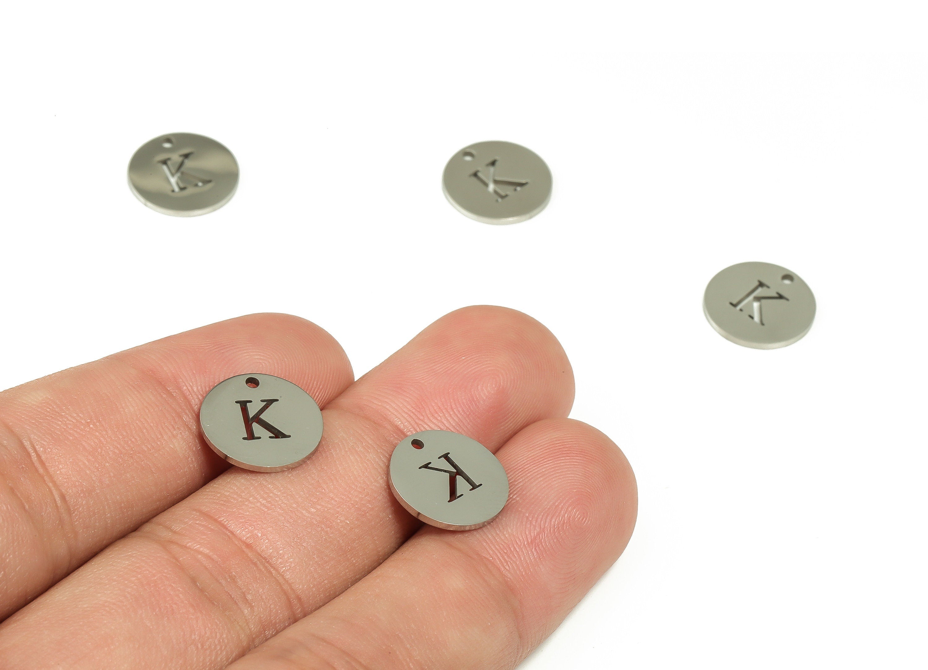 Stainless Steel Round Earring Charms - Stainless Steel The letter K Pendant - Earring Findings - Jewelry Supplies - 12x12x1mm - SS1215K - DOMEDBAZAAR