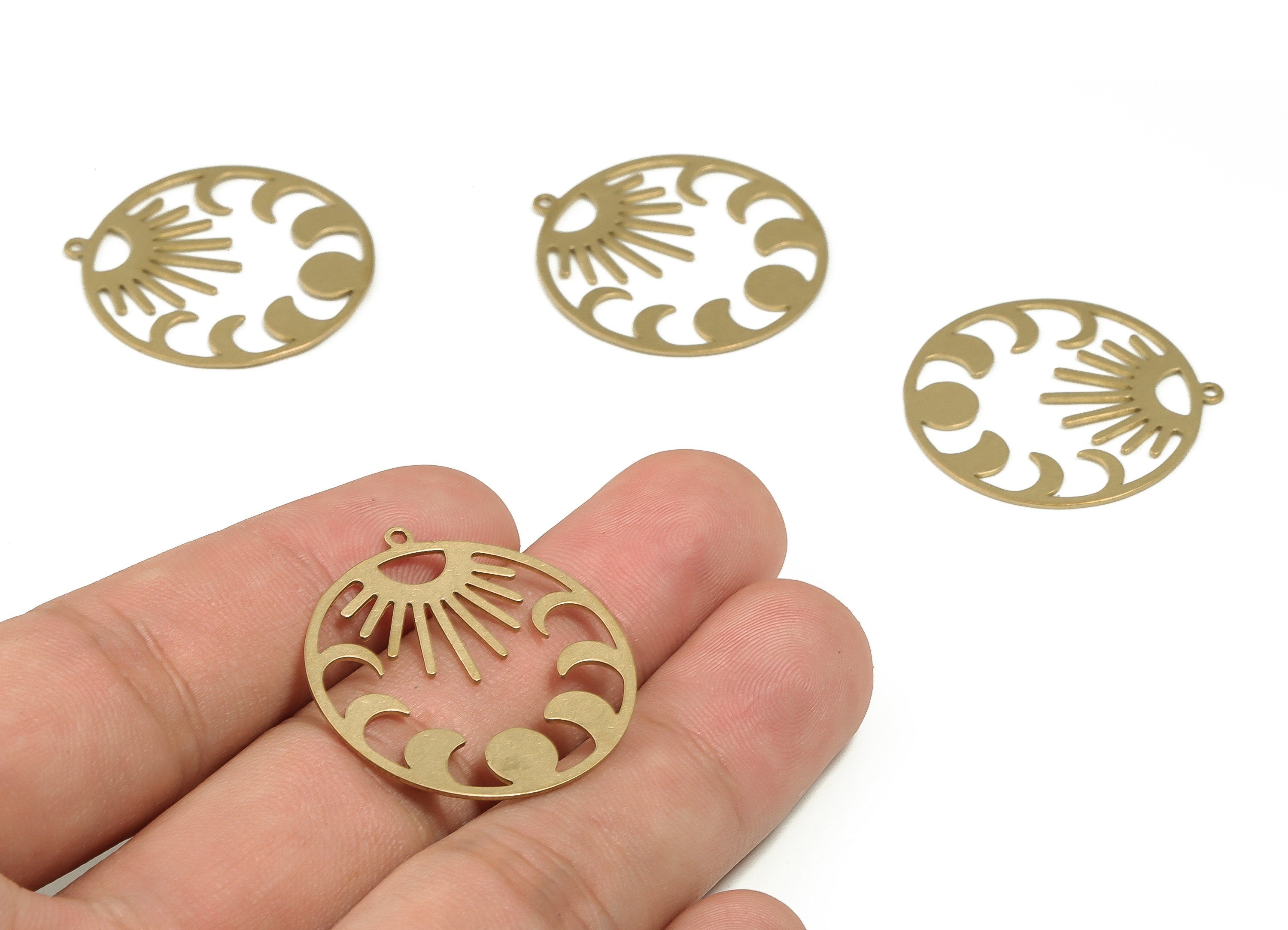 Brass Round Sun Earring Charms - Raw Brass Phases of Moon Pendant - Earrings Finding - Jewelry Making Supplies - 29.85x27.56x0.6mm - PP4630 - DOMEDBAZAAR