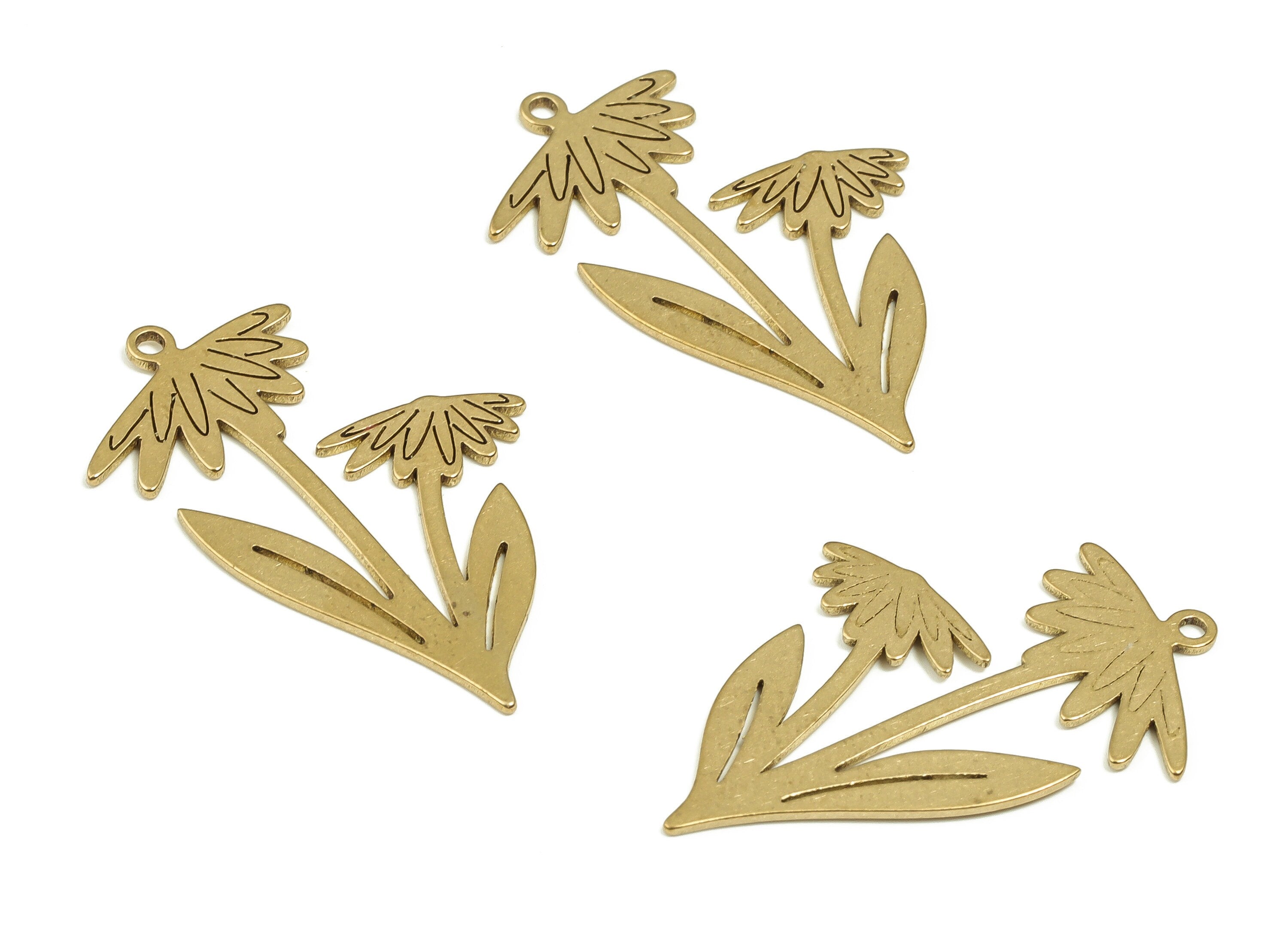 Brass Flower Earring Charms - Raw Brass Flower Pendant - Earring Findings - DIY Jewelry Making Supplies - 29.49x18.03x0.66mm - PP4616 - DOMEDBAZAAR