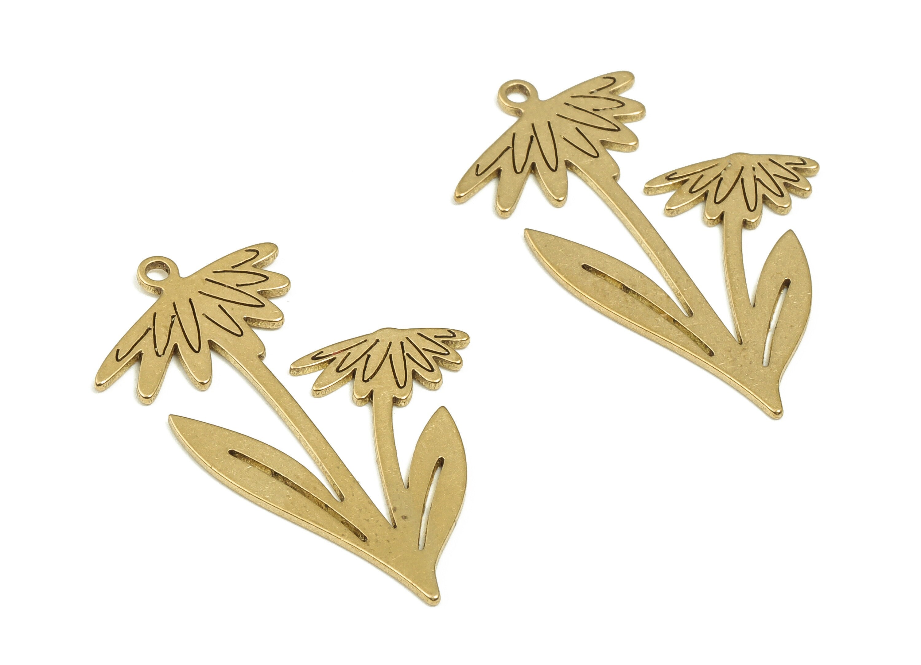 Brass Flower Earring Charms - Raw Brass Flower Pendant - Earring Findings - DIY Jewelry Making Supplies - 29.49x18.03x0.66mm - PP4616 - DOMEDBAZAAR