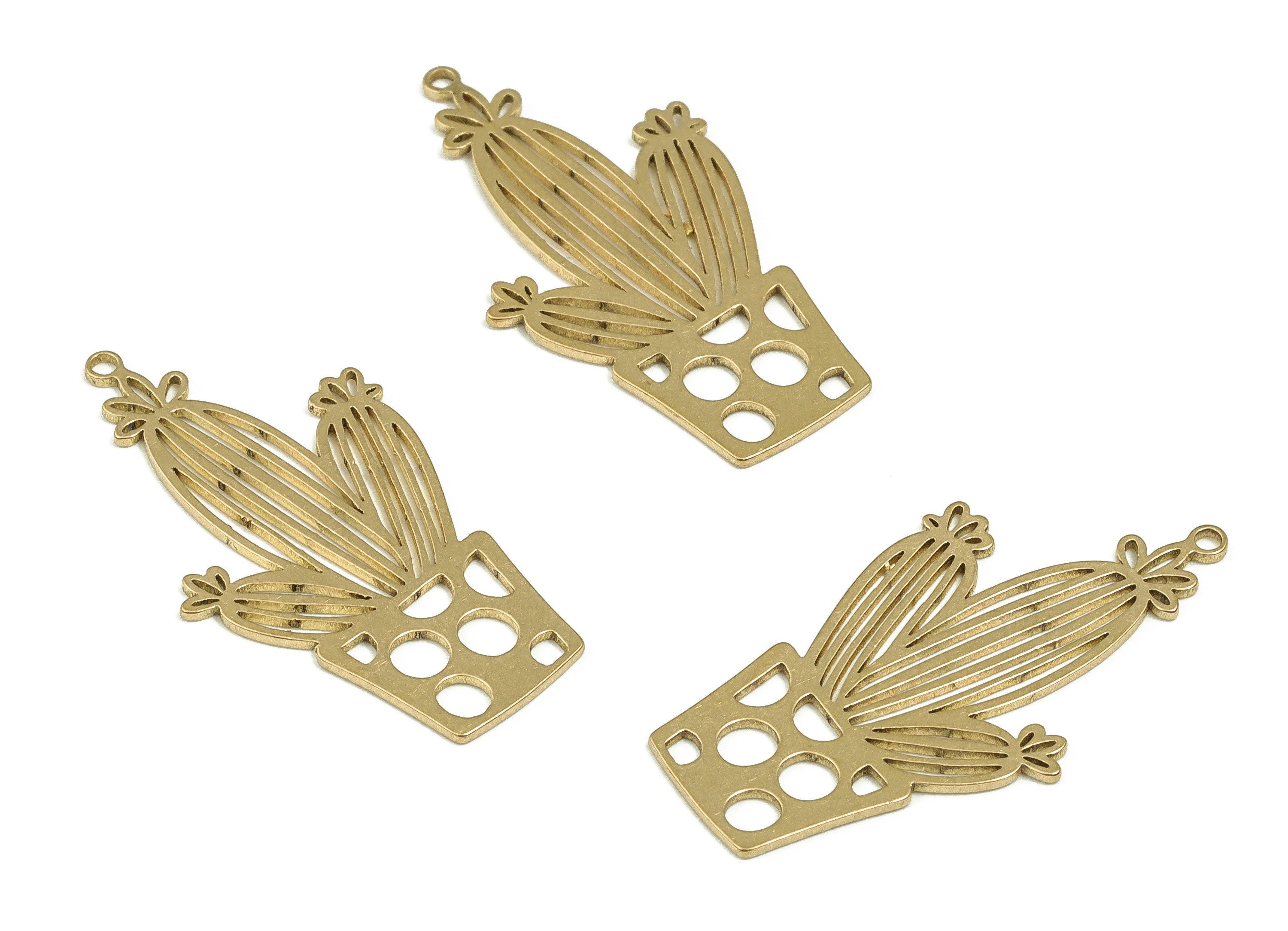 Brass Potted Cactus Earring Charms - Raw Brass Potted Cactus Pendant - Earring Findings - Jewelry Supplies - 29.96x15.05x0.74mm - PP4358 - DOMEDBAZAAR