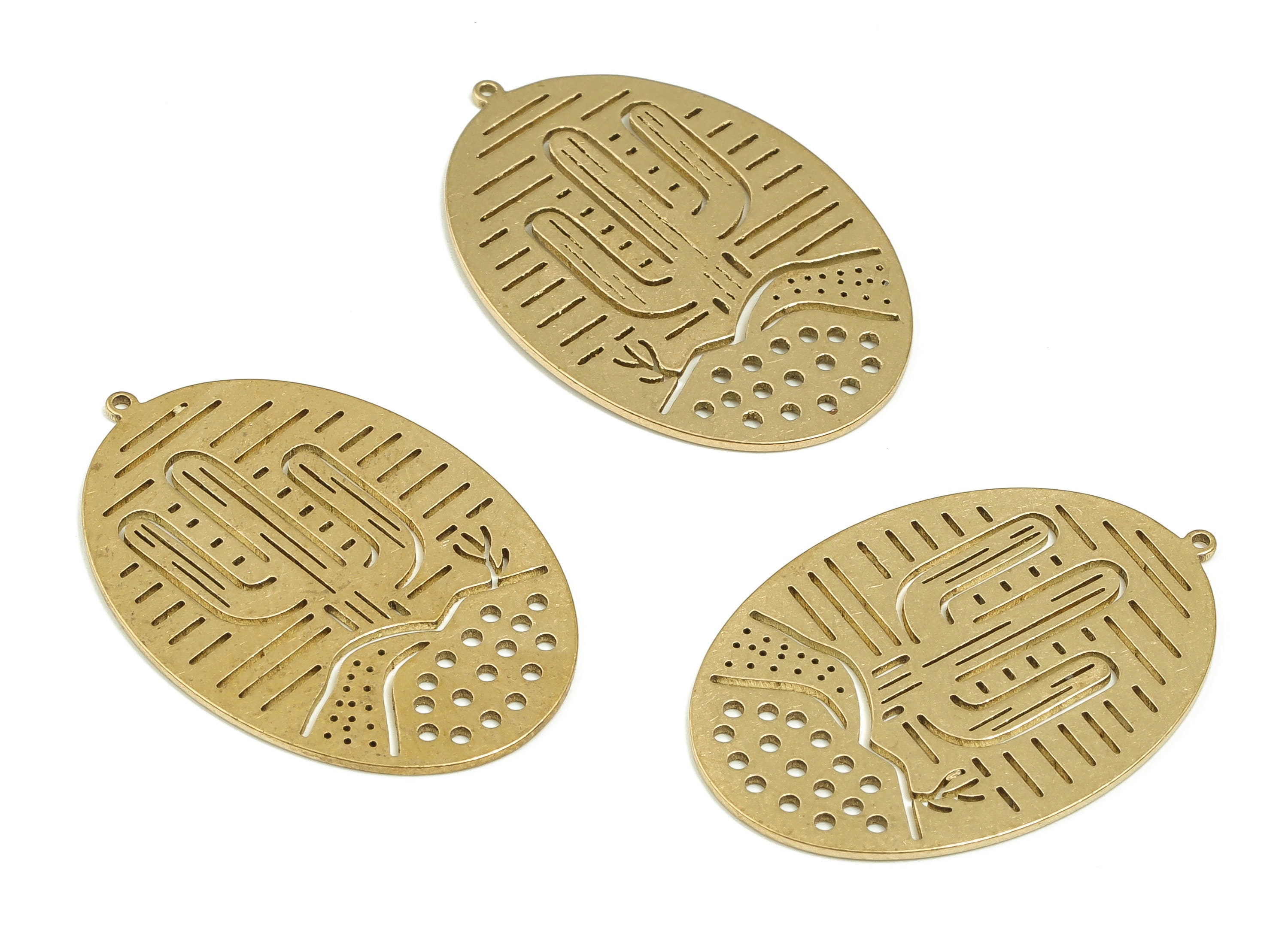 Raw Brass Oval Cactus Pendant – Brass Oval Cactus Earring Charm - Earring Findings - Jewelry Making Supplies - 29.84x20.23x0.69mm - PP4253 - DOMEDBAZAAR