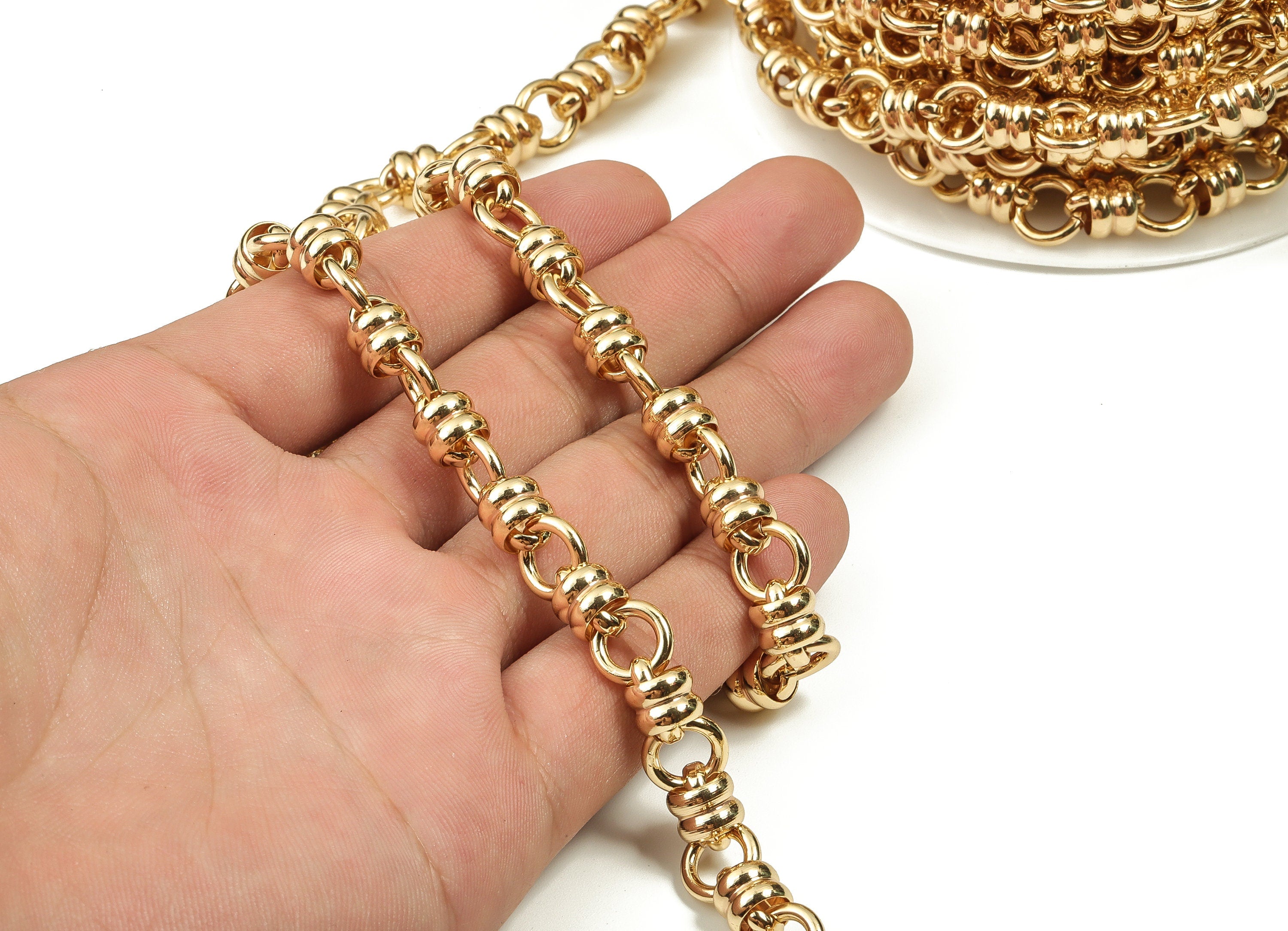 Gold Textured Round Cable Chain - 18 Real Gold Round Link Cable Chain - Openlink Cable Chain-For Necklace Bracelet 0.79&quot;x0.39&quot;x0.31&quot; RGP3660 - DOMEDBAZAAR