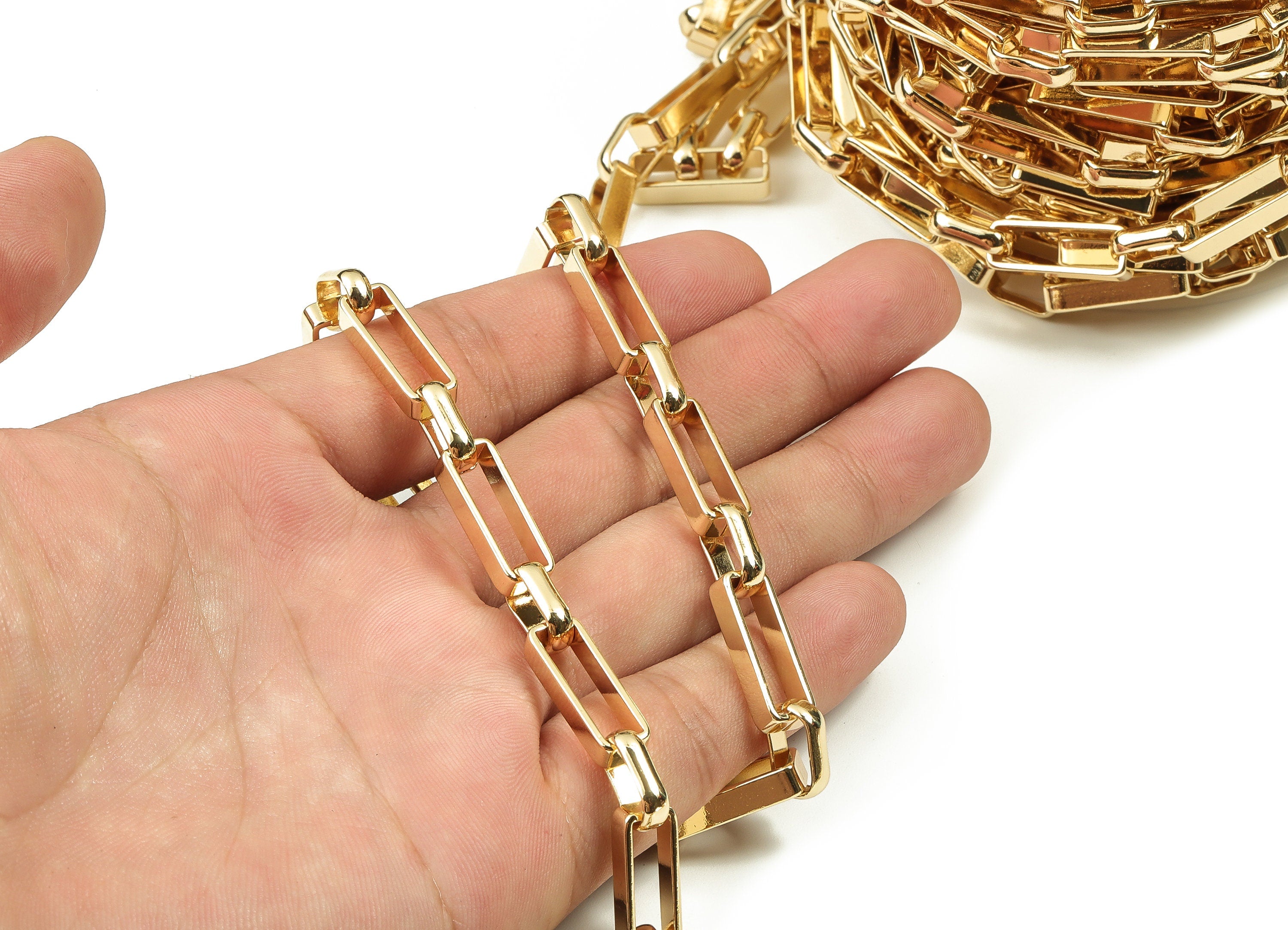 Oval Rectangle Paper Clip Layering Chain - 18 Real Gold Oval Rolo Open Link Chain - Large Flat Cable Chain 1.77&quot; x 0.27&quot; x 0.16&quot; RGP3661 - DOMEDBAZAAR