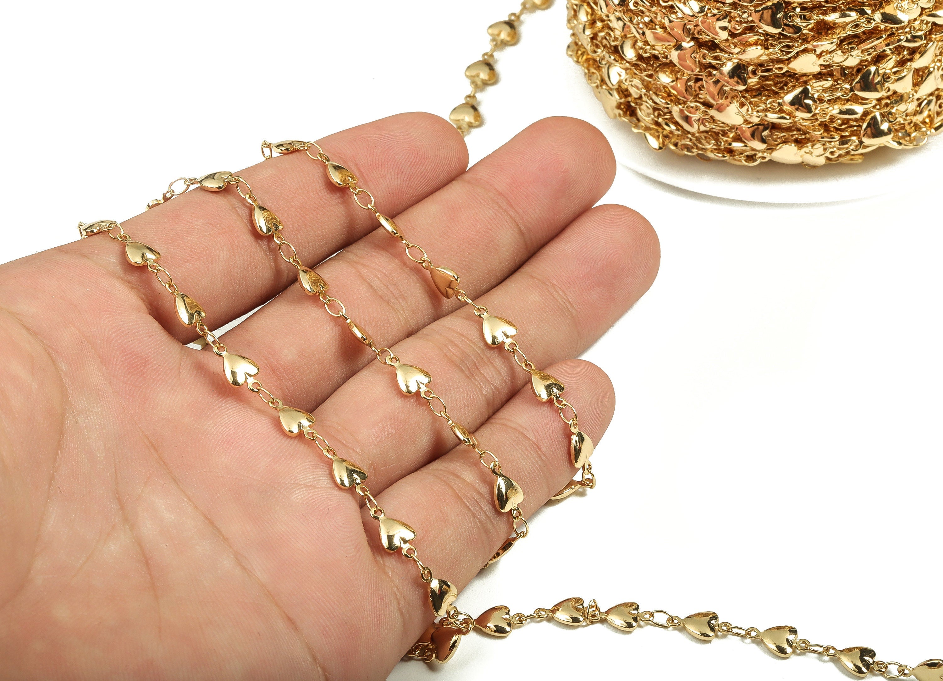 Brass Heart Flat Cable Chain - 18 Real Gold Soldered Mini Heart Chain - For Necklace Bracelet 0.46&quot; x 0.23&quot; x 0.04&quot; RGP3666 - DOMEDBAZAAR