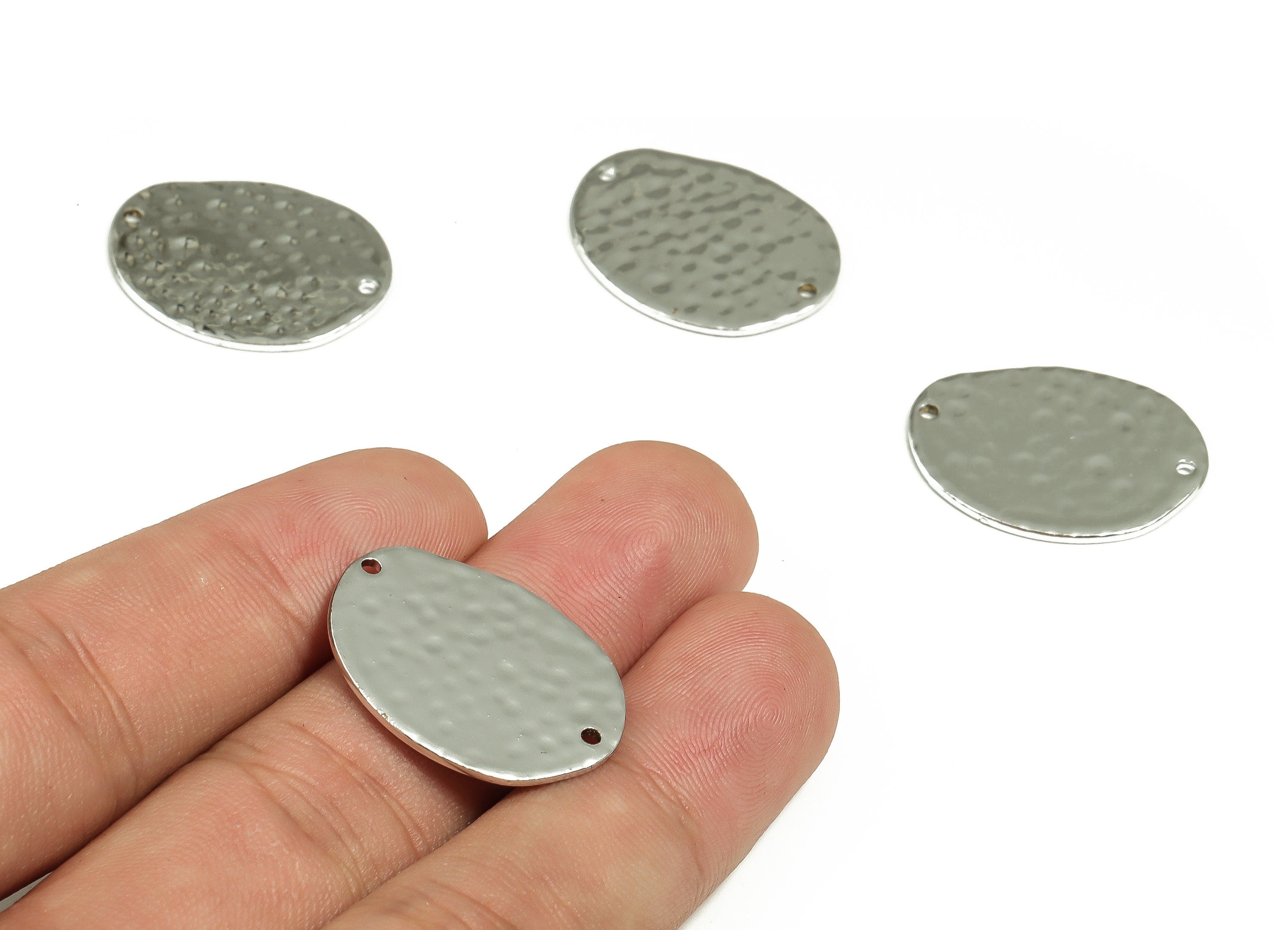 Brass Hammered Oval Connector - Raw Brass Oval Earring Charms - Silver Tone Plated Brass - Jewelry Supplies - 24.96x19.17x1.02mm - PP4704S - DOMEDBAZAAR