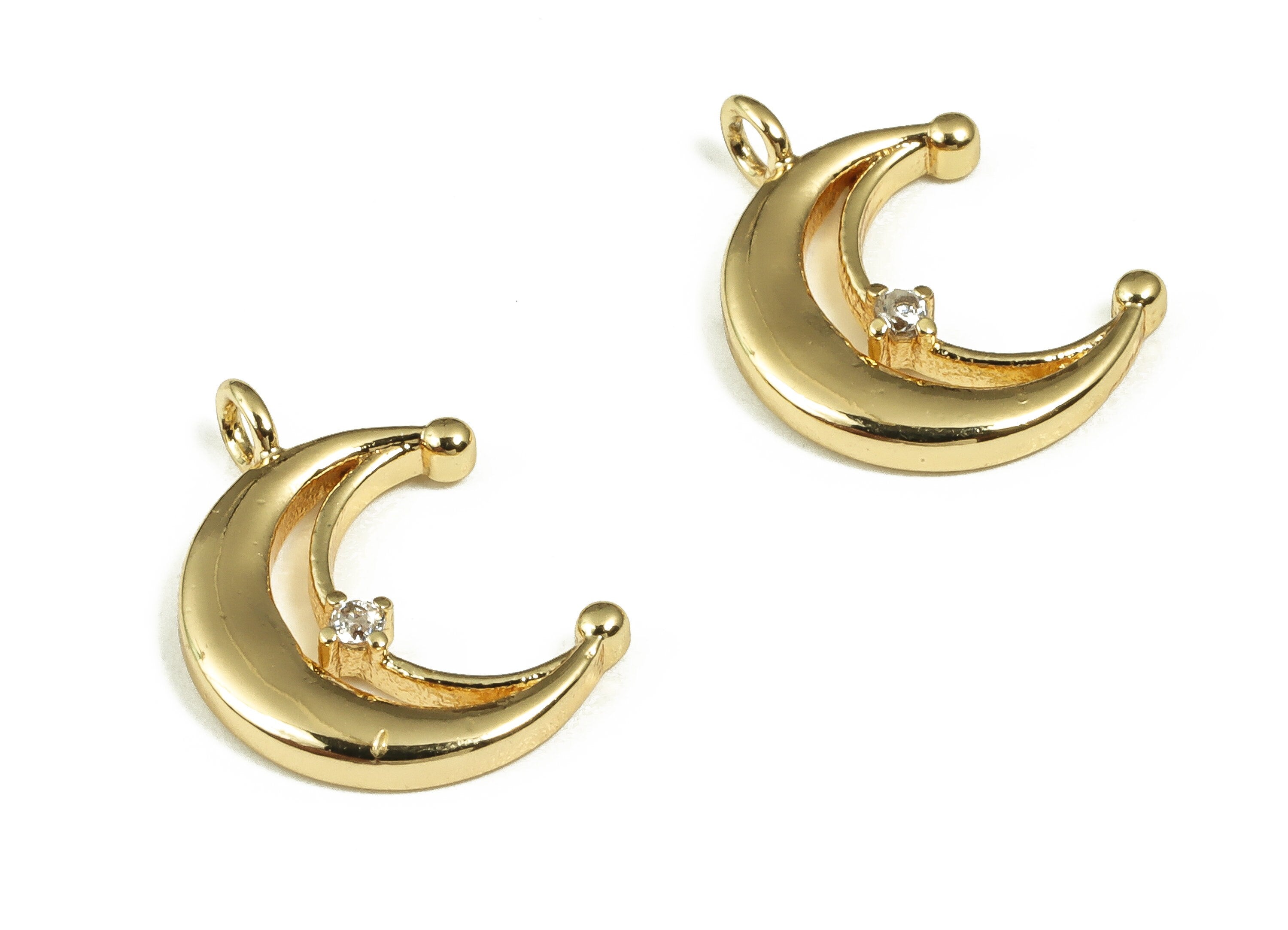 Brass Crescent Earring Charms With Zircons - Gold Moon Pendant - 18K Real Gold Plated Brass - Jewelry Supplies - 13.81x11.7x1.93mm - RGP4038 - DOMEDBAZAAR