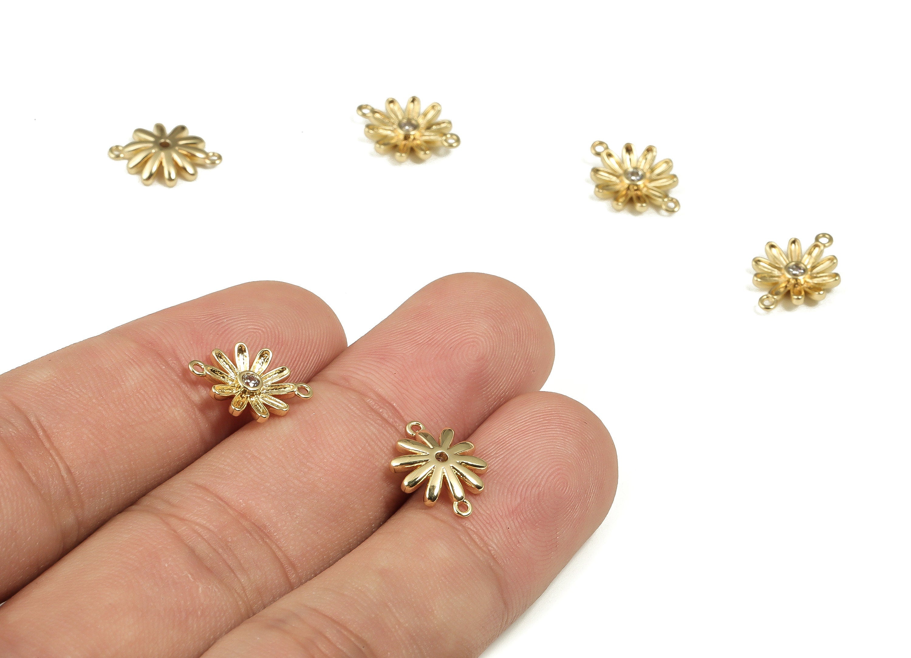 Brass Flower Earring Connector With Zircon - Gold Flower Charms - 18K Real Gold Plated Brass - Jewelry Supplies - 13.24x9.75x2.3mm - RGP4036 - DOMEDBAZAAR