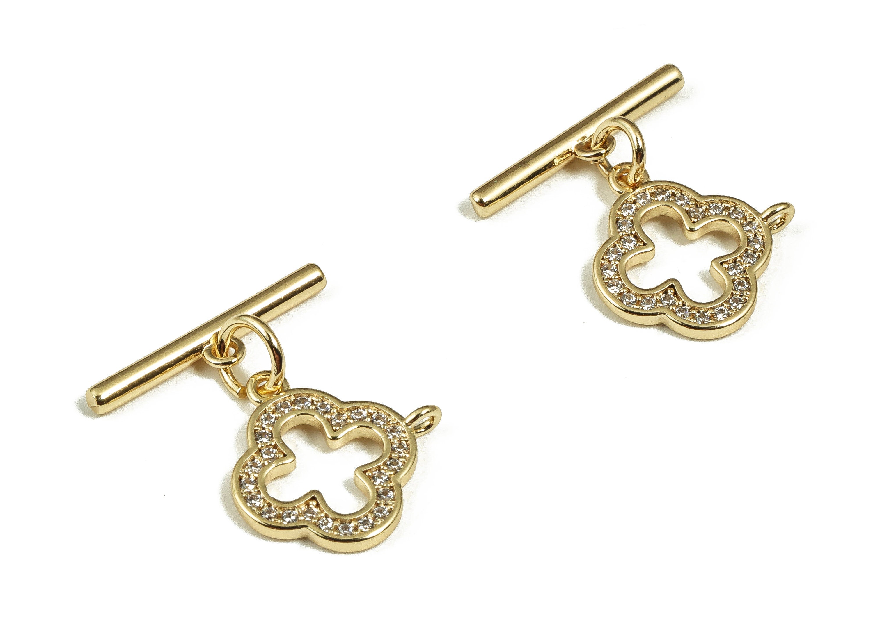 Round Toggle Clasp With Zircons – Gold Tone Clover Toggle Clasp – 18K Real Gold Plated Brass - Jewelry Supplies - 17.81x13.97x1.8mm -RGP4123 - DOMEDBAZAAR