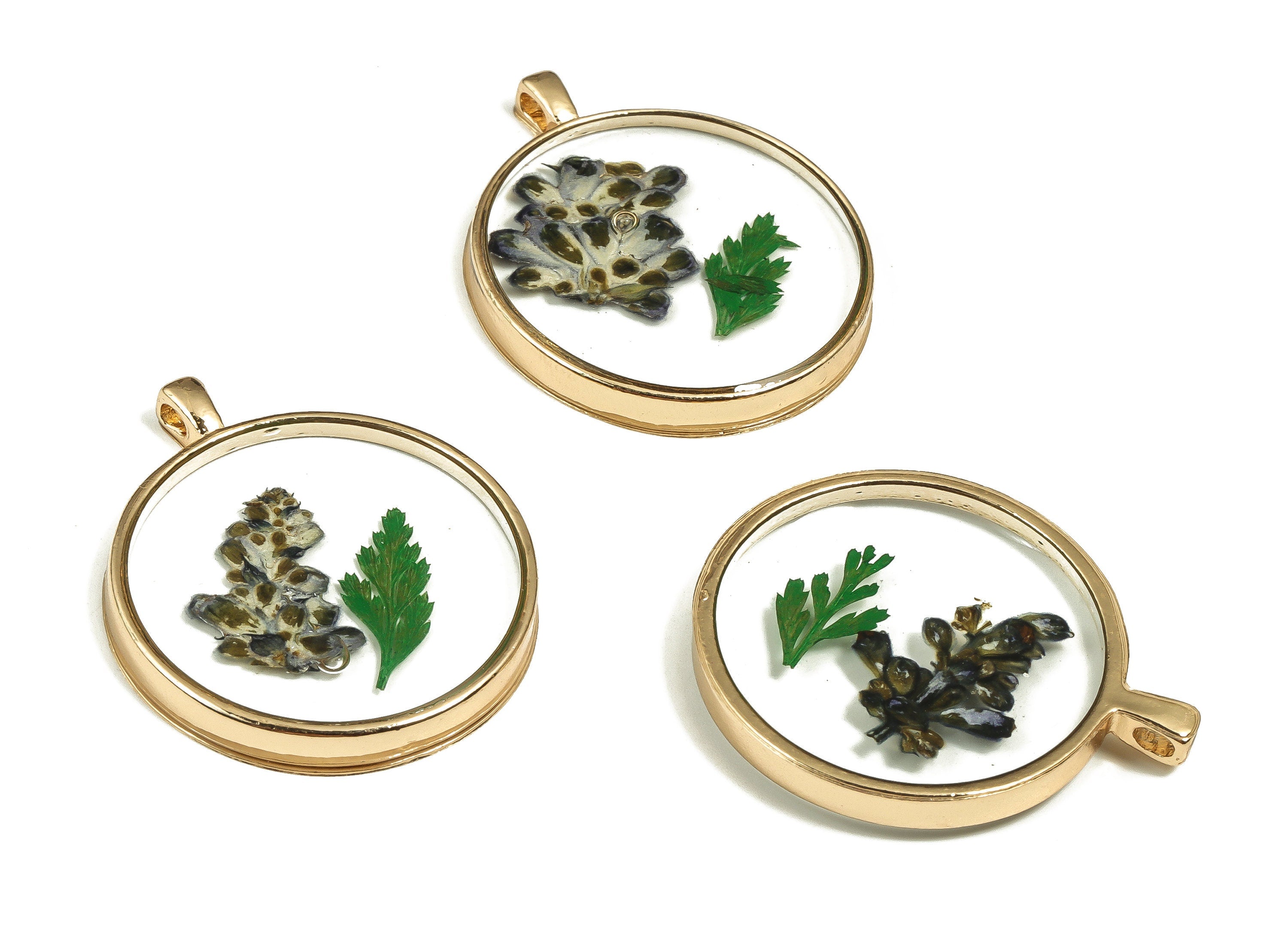 Epoxy Resin Round Real Flower Earring Charms - Epoxy Resin Sage&Lack Pout Leaf Pendant - Gold Tone Plated Alloy - 35.12x29.02x4.4mm - ZZ1909 - DOMEDBAZAAR