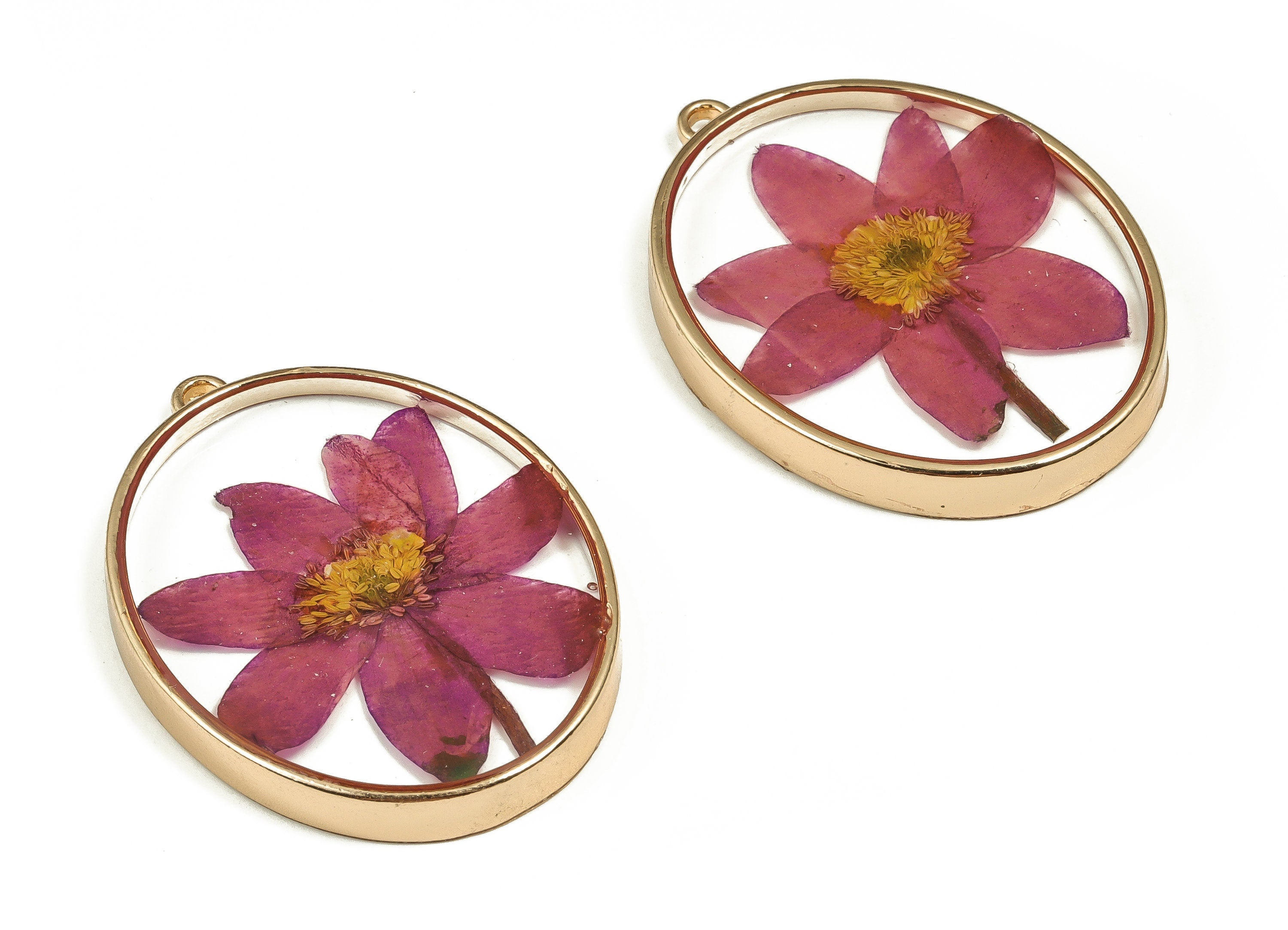 Epoxy Resin Oval Real Flower Earring Charms - Epoxy Resin Annunciator Pendant - Gold Tone Plated Alloy - 41.15x30.08x5.36mm - ZZ1932 - DOMEDBAZAAR