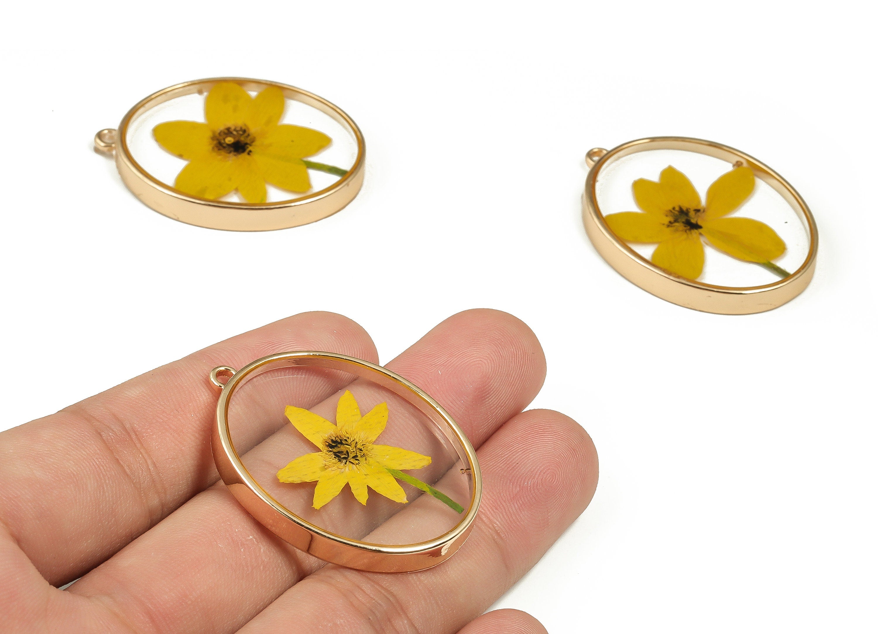 Epoxy Resin Oval Real Flower Earring Charms - Epoxy Resin Annunciator Pendant - Gold Tone Plated Alloy - 41.27x30.14x4.95mm - ZZ1933 - DOMEDBAZAAR