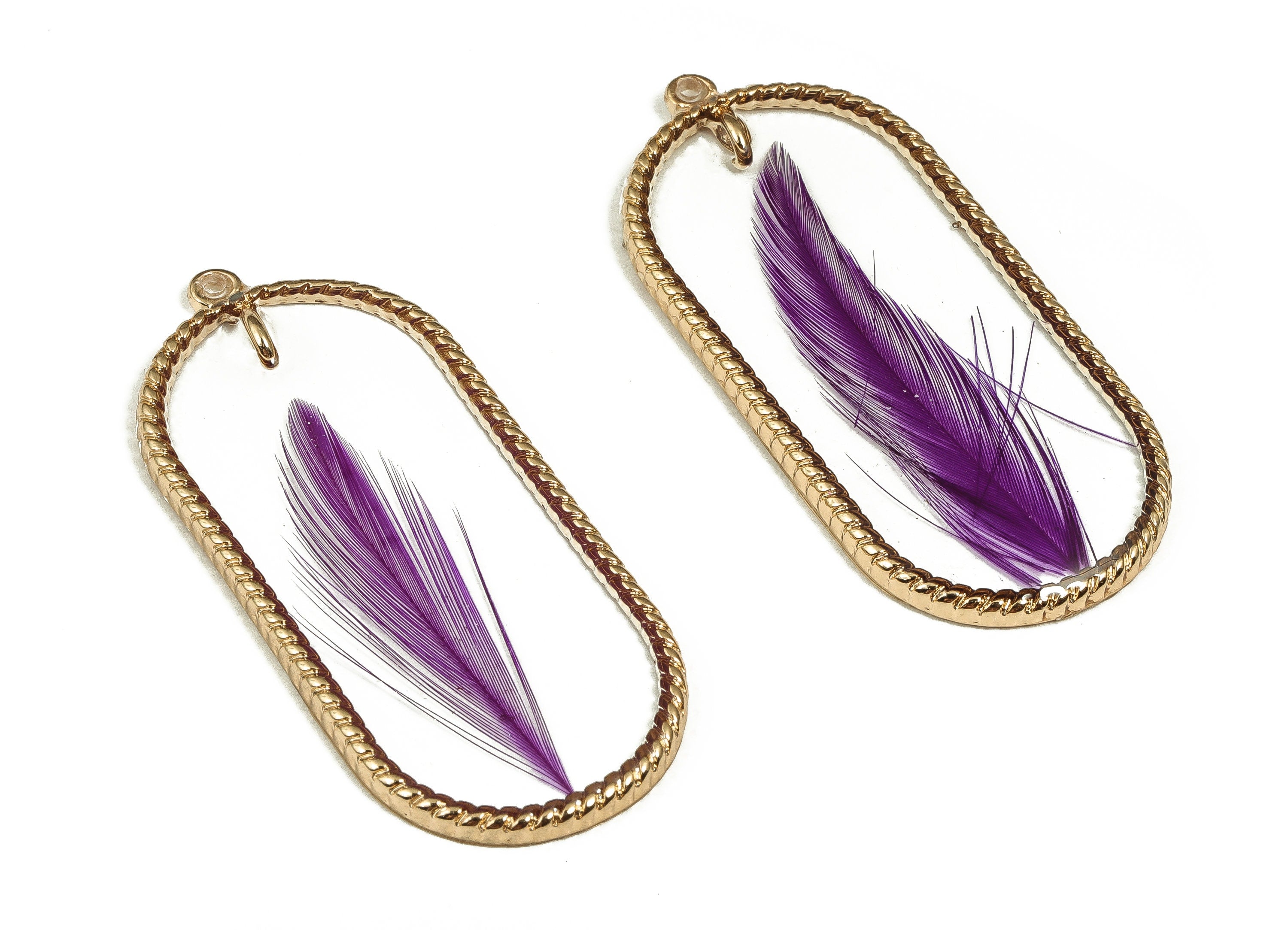 Epoxy Resin Oval Real Flower Charms - Epoxy Resin Feather Pendant - Gold Tone Plated Alloy - Jewelry Supplies - 46.25x20.71x2.54mm - ZZ1935 - DOMEDBAZAAR