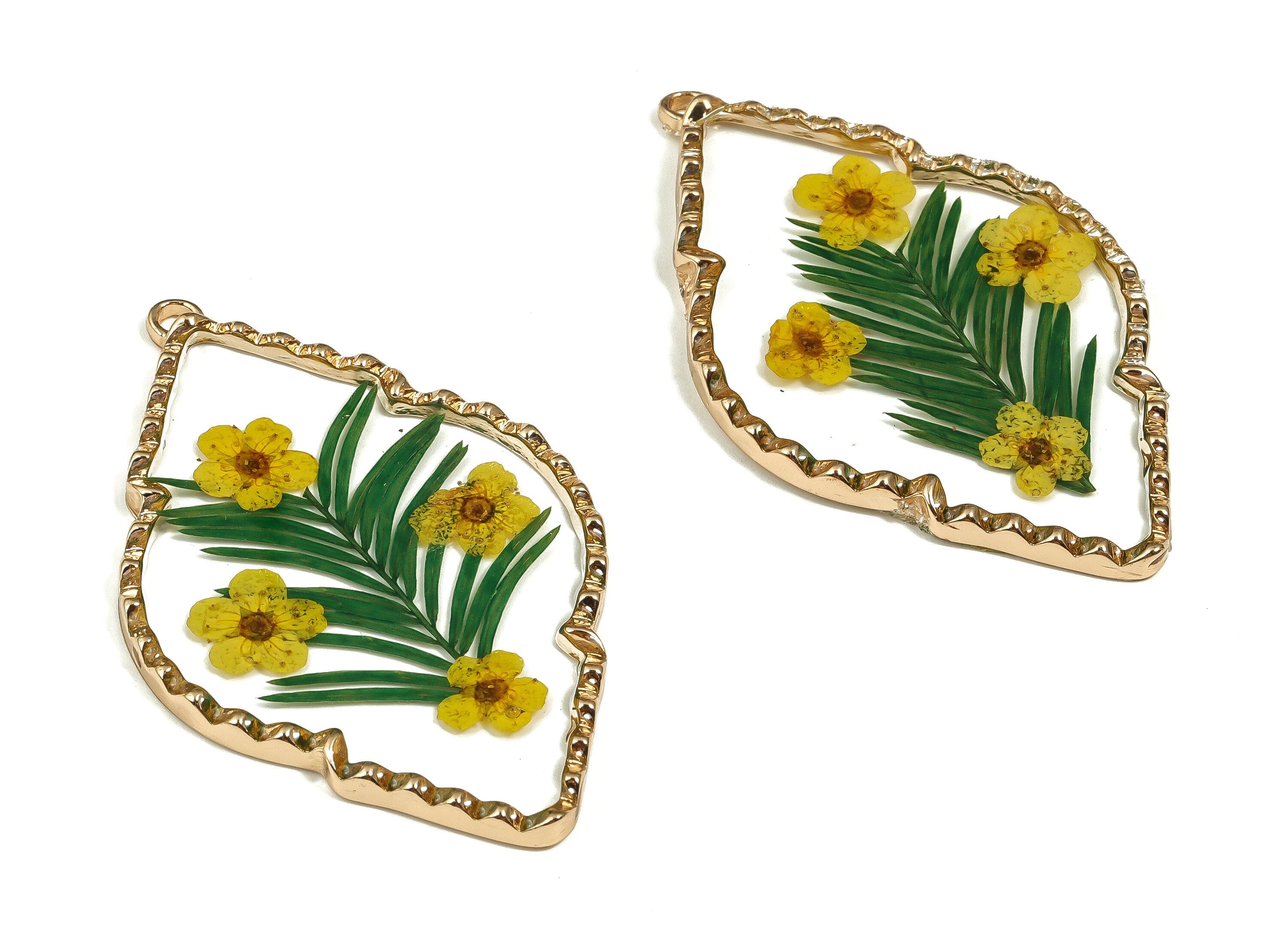 Epoxy Resin Diamond Real Flower Earring Charms - Sulphur Chrysanthemum&Narcissus Pendant - Gold Tone Plated Alloy - 54.87x32.55x3mm - ZZ1922 - DOMEDBAZAAR