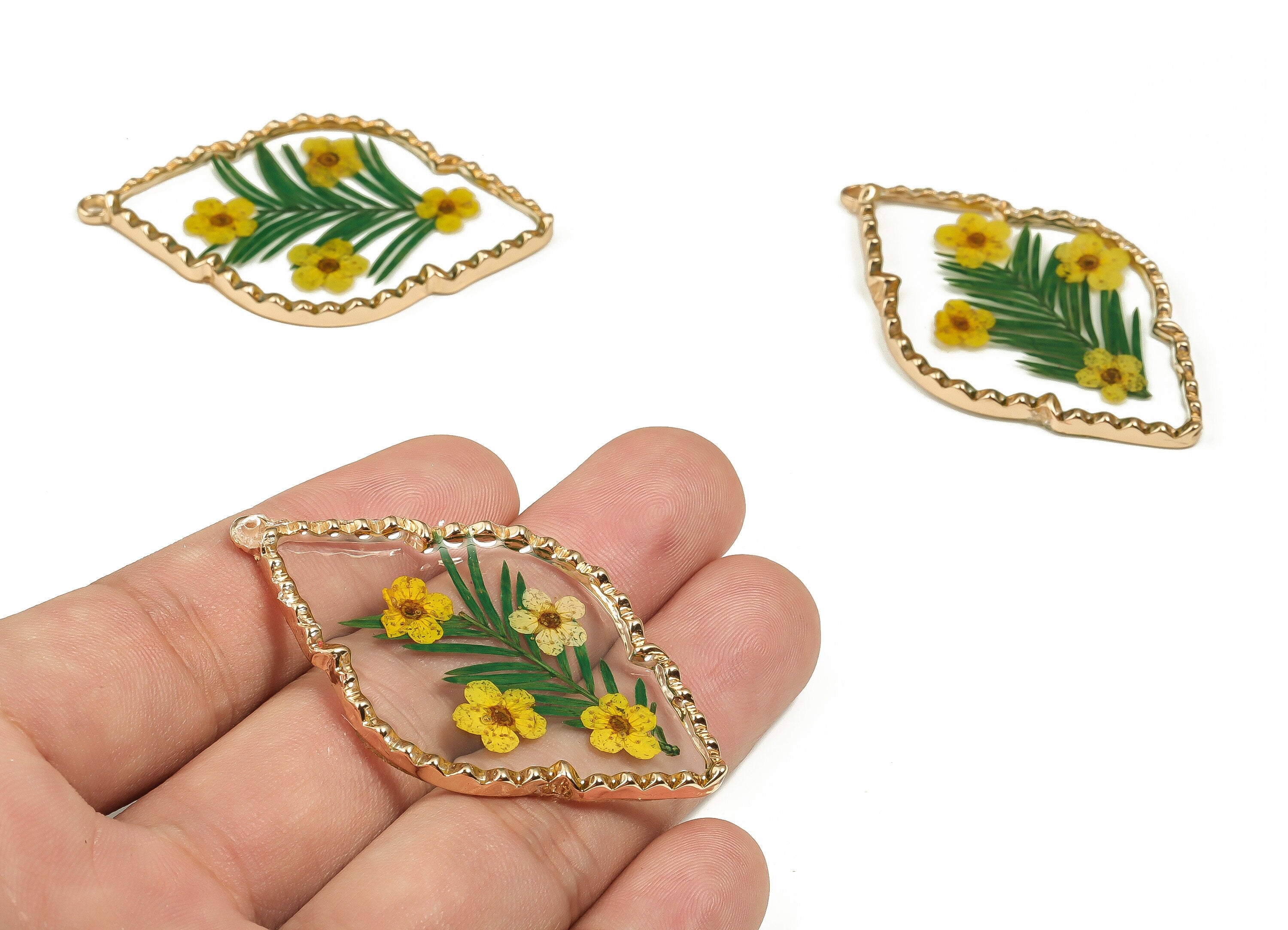 Epoxy Resin Diamond Real Flower Earring Charms - Sulphur Chrysanthemum&Narcissus Pendant - Gold Tone Plated Alloy - 54.87x32.55x3mm - ZZ1922 - DOMEDBAZAAR