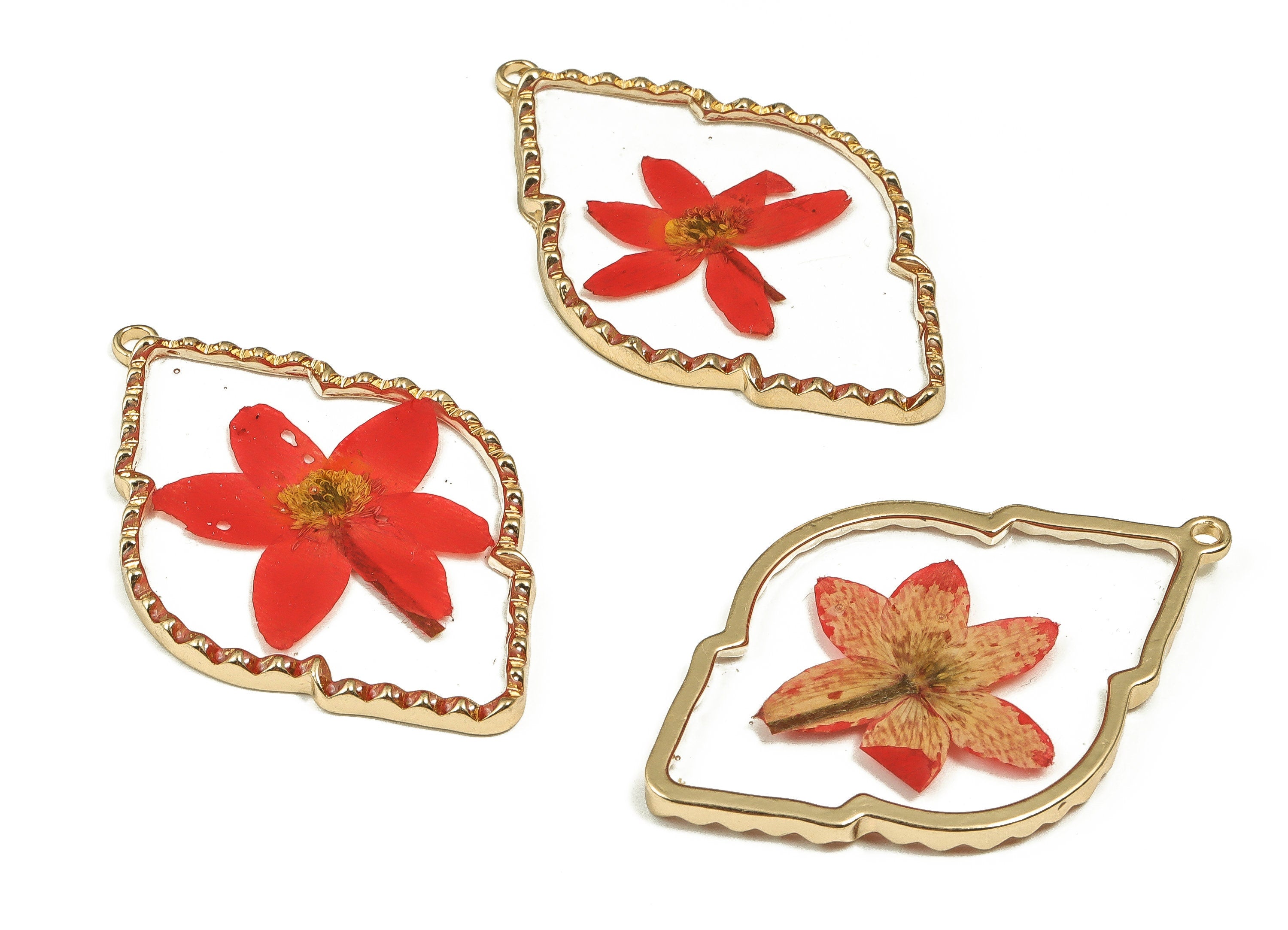 Epoxy Resin Diamond Real Flower Earring Charms - Epoxy Resin Annunciator Pendant - Gold Tone Plated Alloy - 54.01x33.73x2.77mm - ZZ1923 - DOMEDBAZAAR