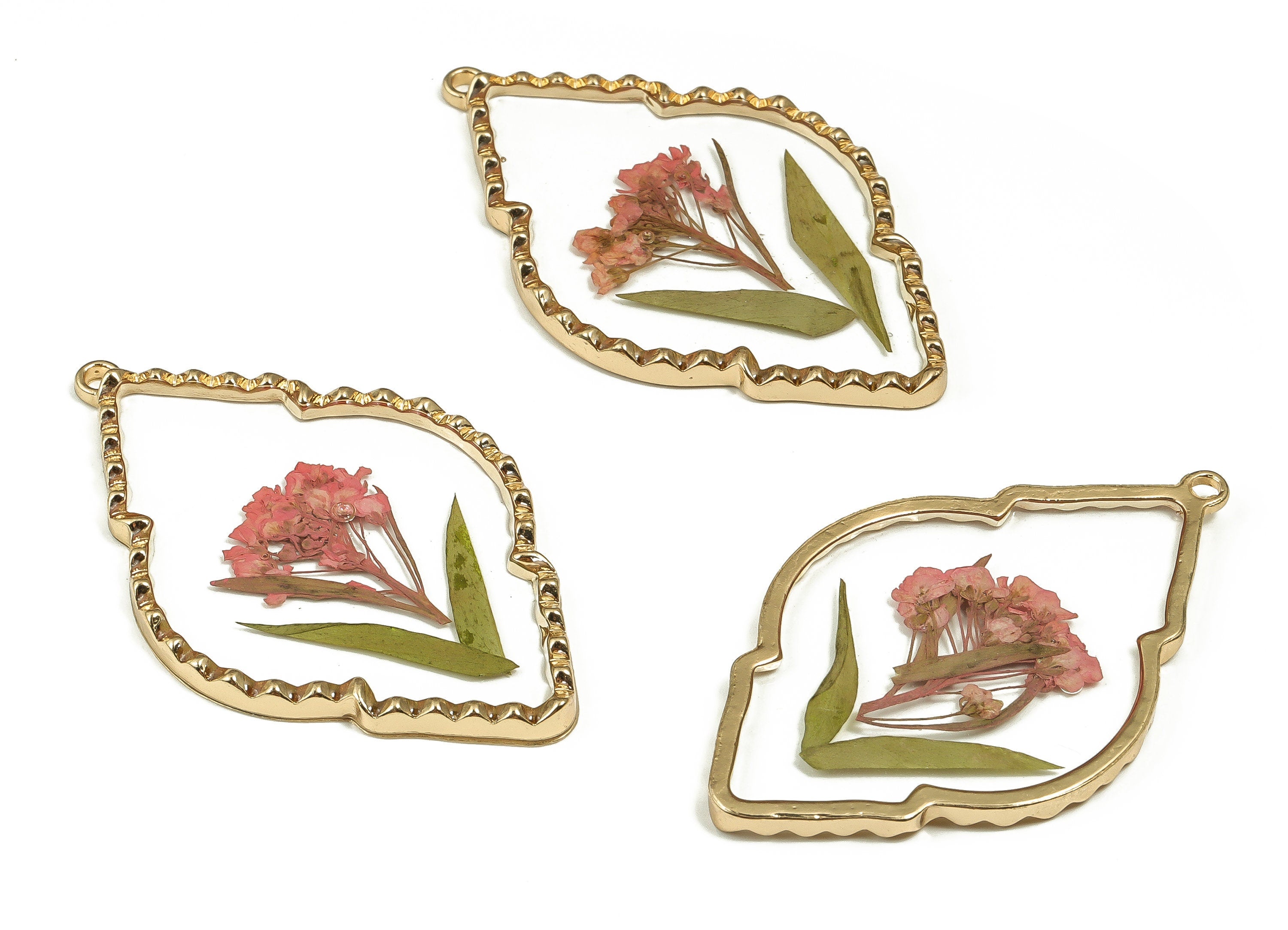 Epoxy Resin Diamond Real Flower Earring Charms - Epoxy Resin Sweet Alyssum Pendant - Gold Tone Plated Alloy - 55.59x33.96x3.14mm - ZZ1926 - DOMEDBAZAAR