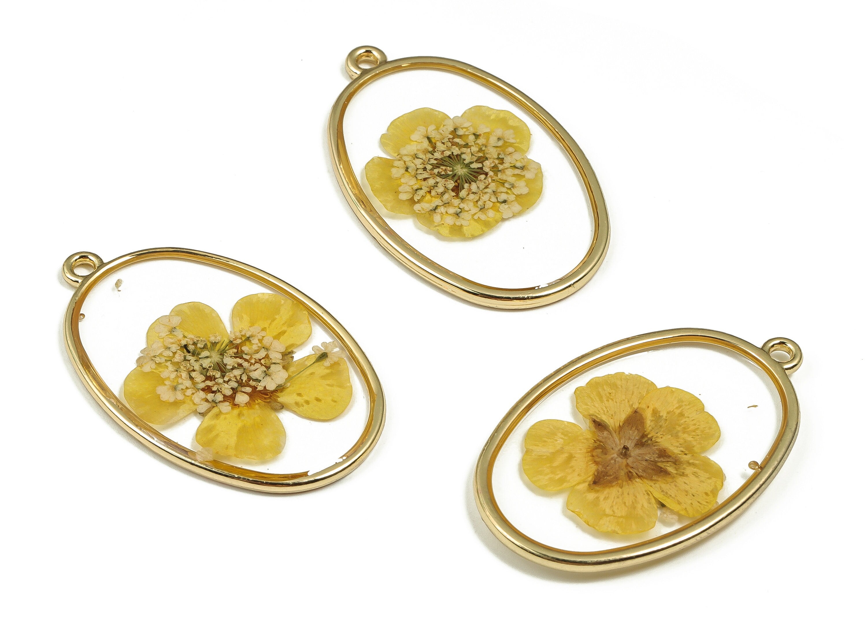 Epoxy Resin Oval Real Flower Earring Charms - Epoxy Resin Lace Flower&Forget-me-not Pendant - Gold Tone Plated Alloy - 34.9x22x2.3mm -ZZ1915 - DOMEDBAZAAR