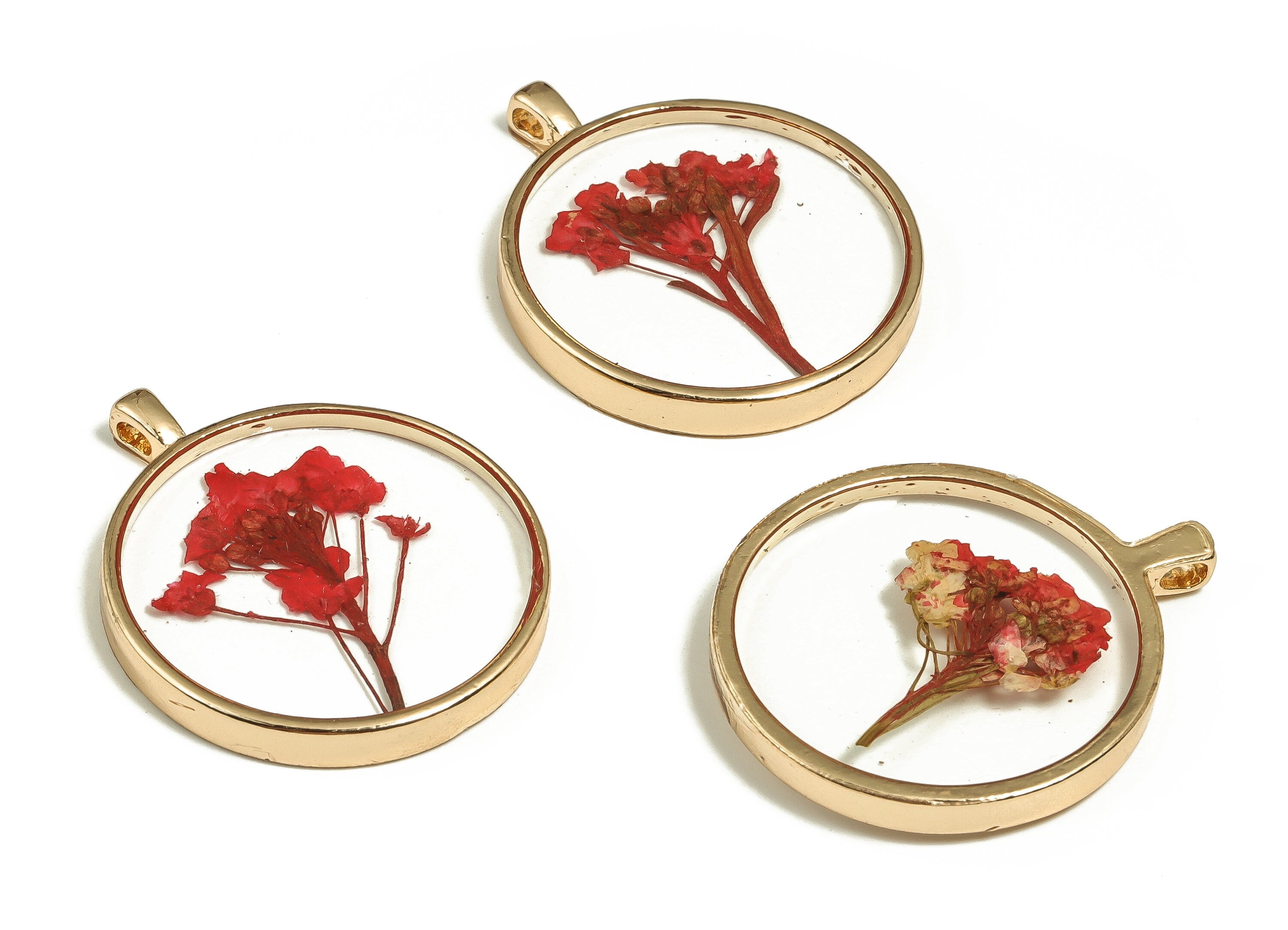 Epoxy Resin Round Real Flower Earring Charms - Epoxy Resin Sweet Alyssum Pendant - Gold Tone Plated Alloy - 34.89x28.93x4.83mm - ZZ1920 - DOMEDBAZAAR