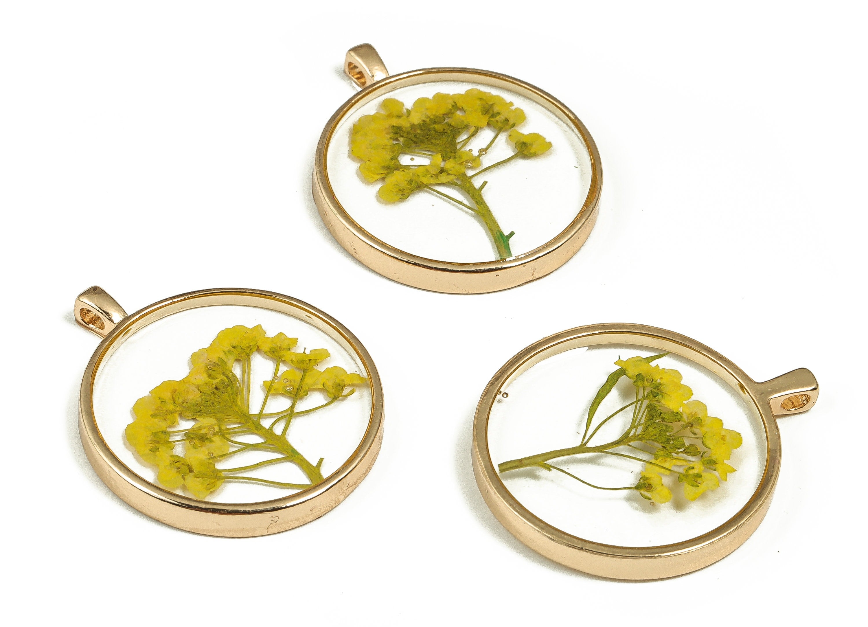 Epoxy Resin Round Real Flower Earring Charms - Epoxy Resin Sweet Alyssum Pendant - Gold Tone Plated Alloy - 35.31x28.89x4.67mm - ZZ1918 - DOMEDBAZAAR