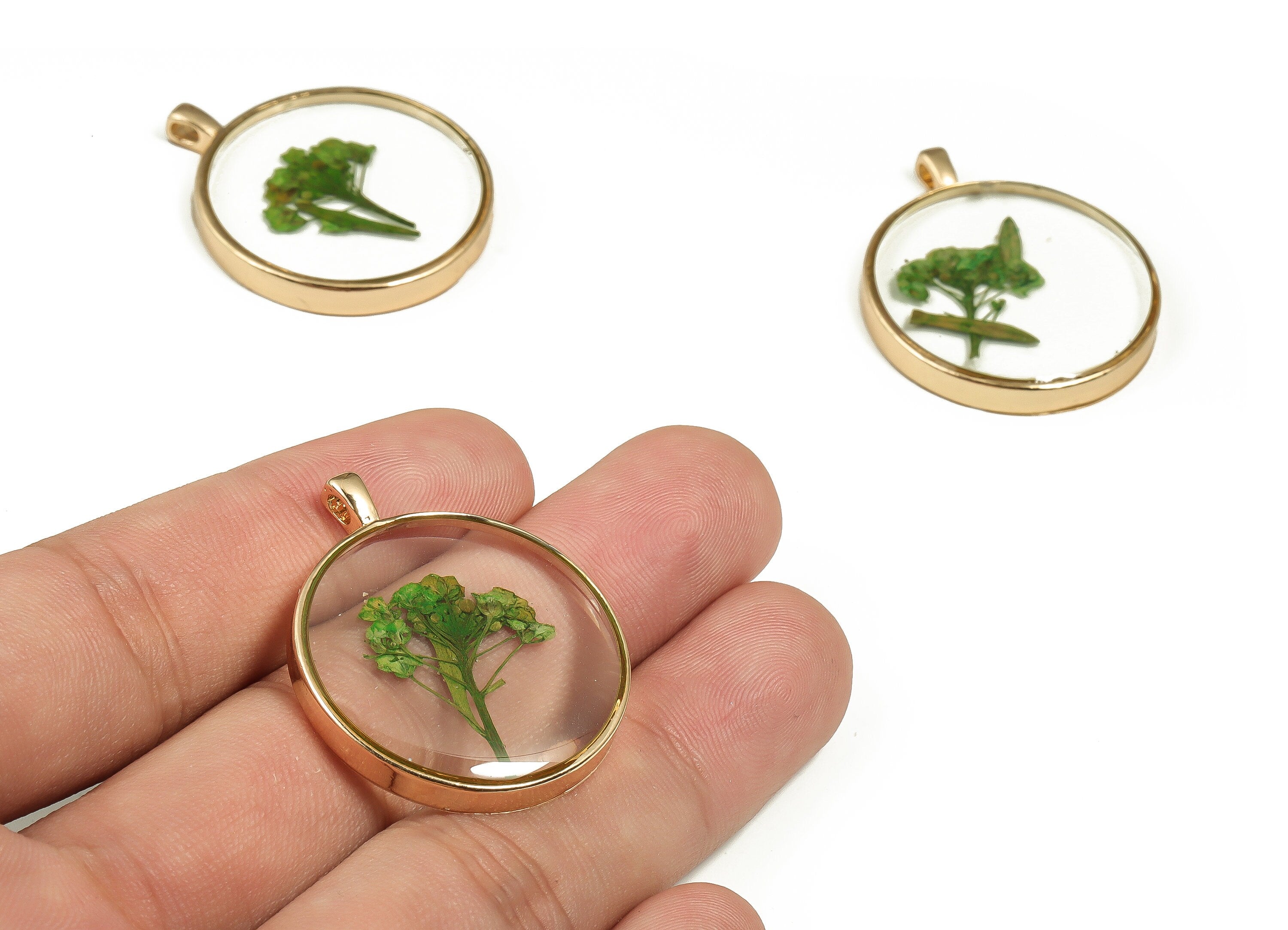 Epoxy Resin Round Real Flower Earring Charms - Epoxy Resin Sweet Alyssum Pendant - Gold Tone Plated Alloy - 34.98x29.1x3.95mm - ZZ1917 - DOMEDBAZAAR