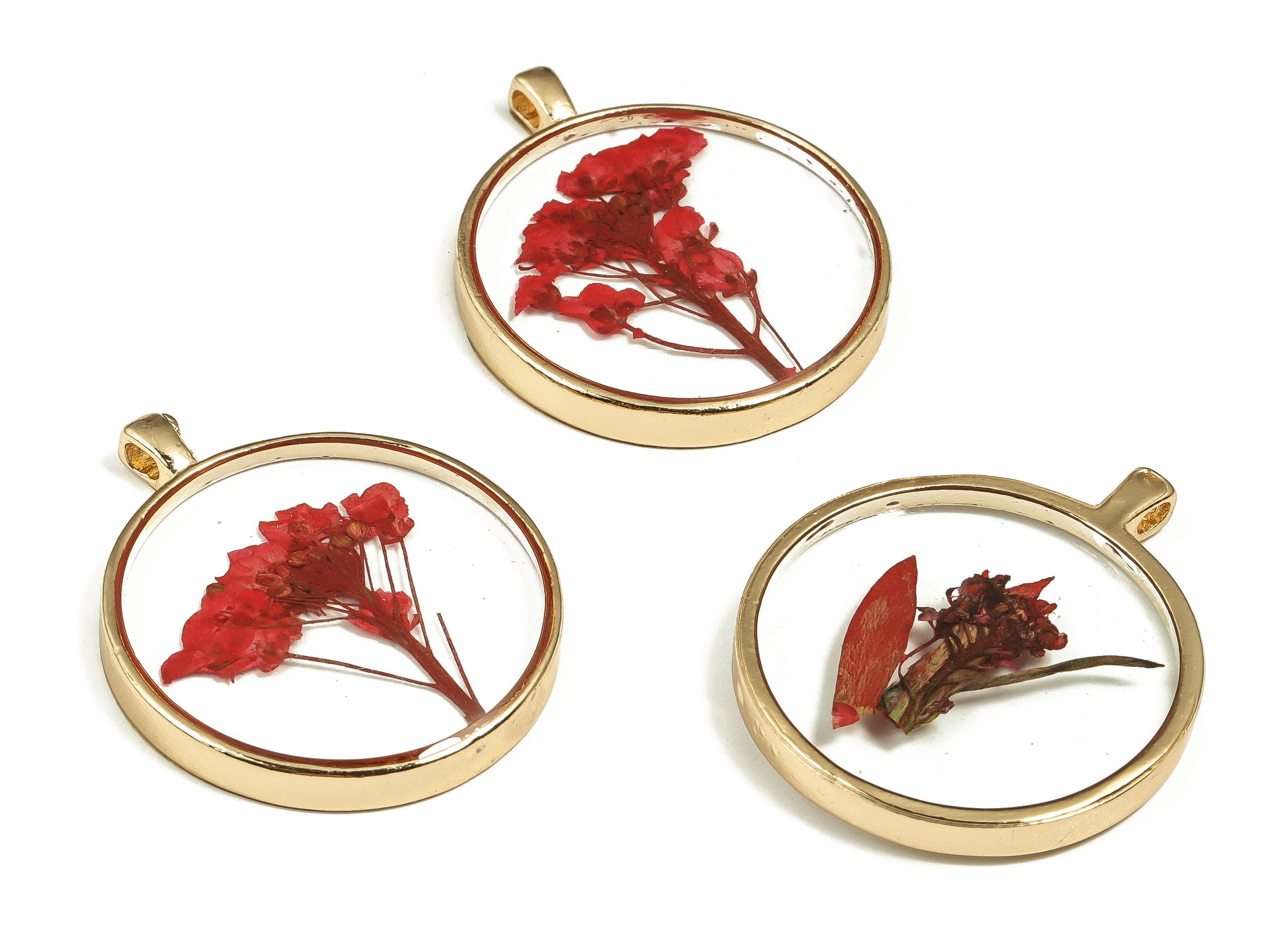 Epoxy Resin Round Real Flower Earring Charms - Epoxy Resin Sweet Alyssum Pendant - Gold Tone Plated Alloy - 34.89x28.97x4.19mm - ZZ1900 - DOMEDBAZAAR