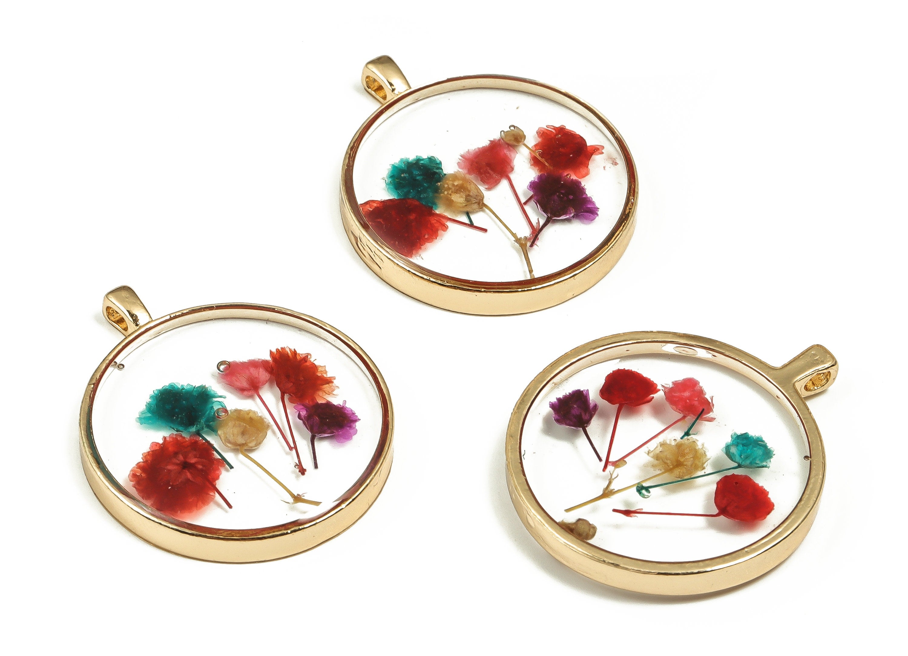 Epoxy Resin Round Real Flower Earring Charms - Epoxy Resin Baby&#39;s-Breath Pendant - Gold Tone Plated Alloy - 35x29.04x4.64mm - ZZ1911 - DOMEDBAZAAR