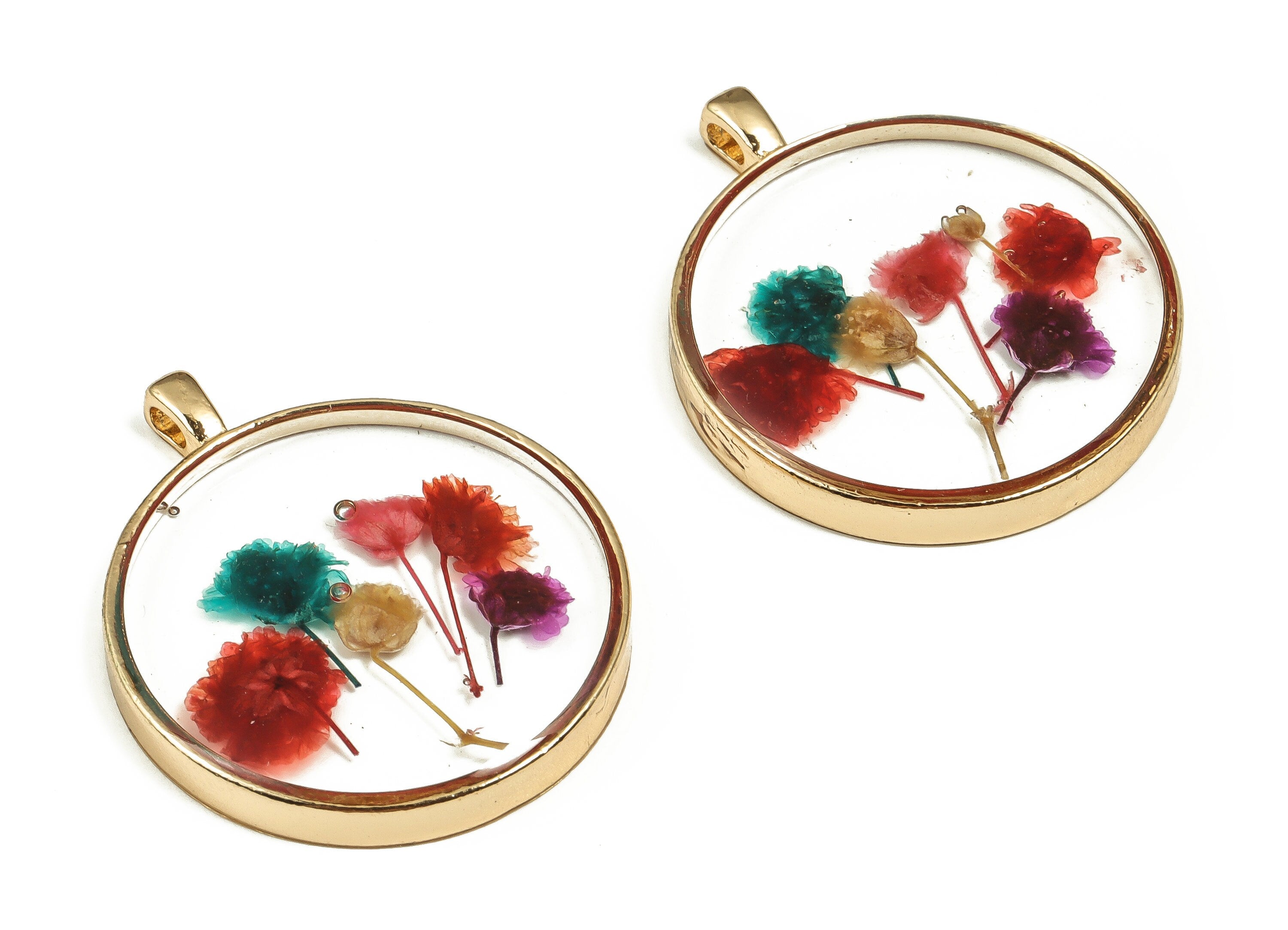 Epoxy Resin Round Real Flower Earring Charms - Epoxy Resin Baby&#39;s-Breath Pendant - Gold Tone Plated Alloy - 35x29.04x4.64mm - ZZ1911 - DOMEDBAZAAR