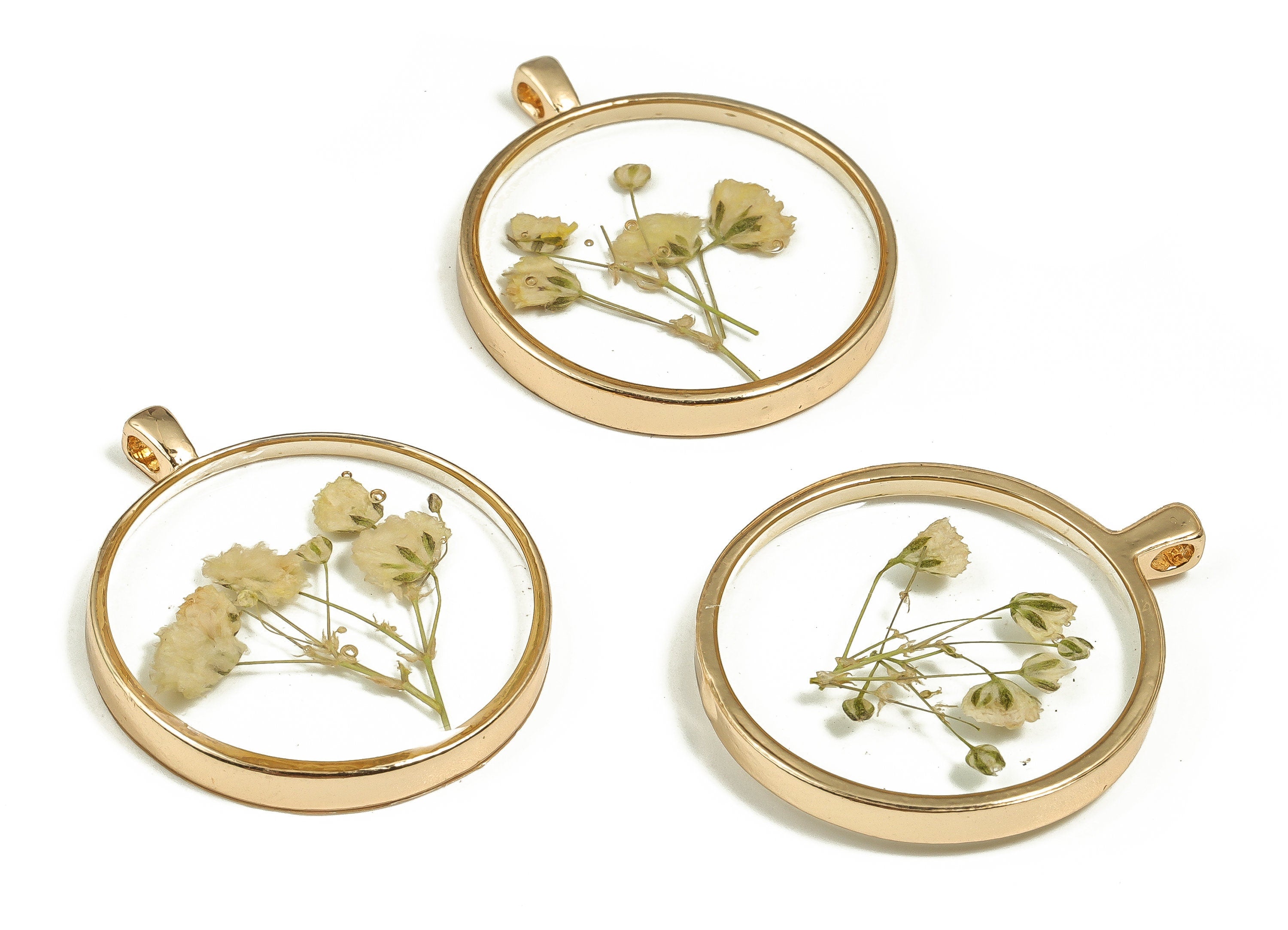 Epoxy Resin Round Real Flower Earring Charms - Epoxy Resin Baby&#39;s-Breath Pendant - Gold Tone Plated Alloy - 34.6x29.22x3.67mm - ZZ1901 - DOMEDBAZAAR