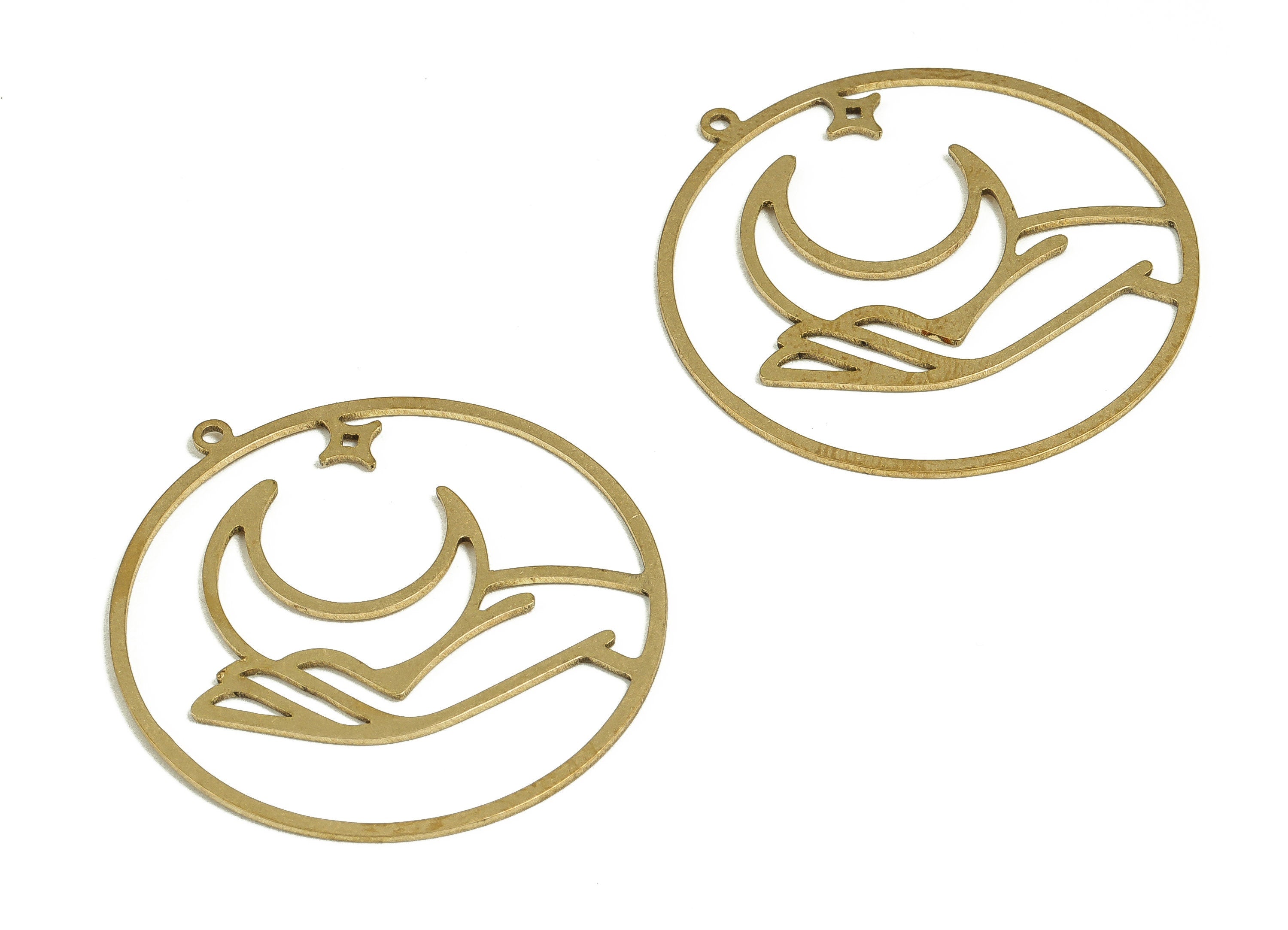 Brass Round Hand Earring Charms - Raw Brass Star Moon Pendant - Earrings Finding - Jewelry Making Supplies - 37.02x34.79x0.71mm - PP4699 - DOMEDBAZAAR
