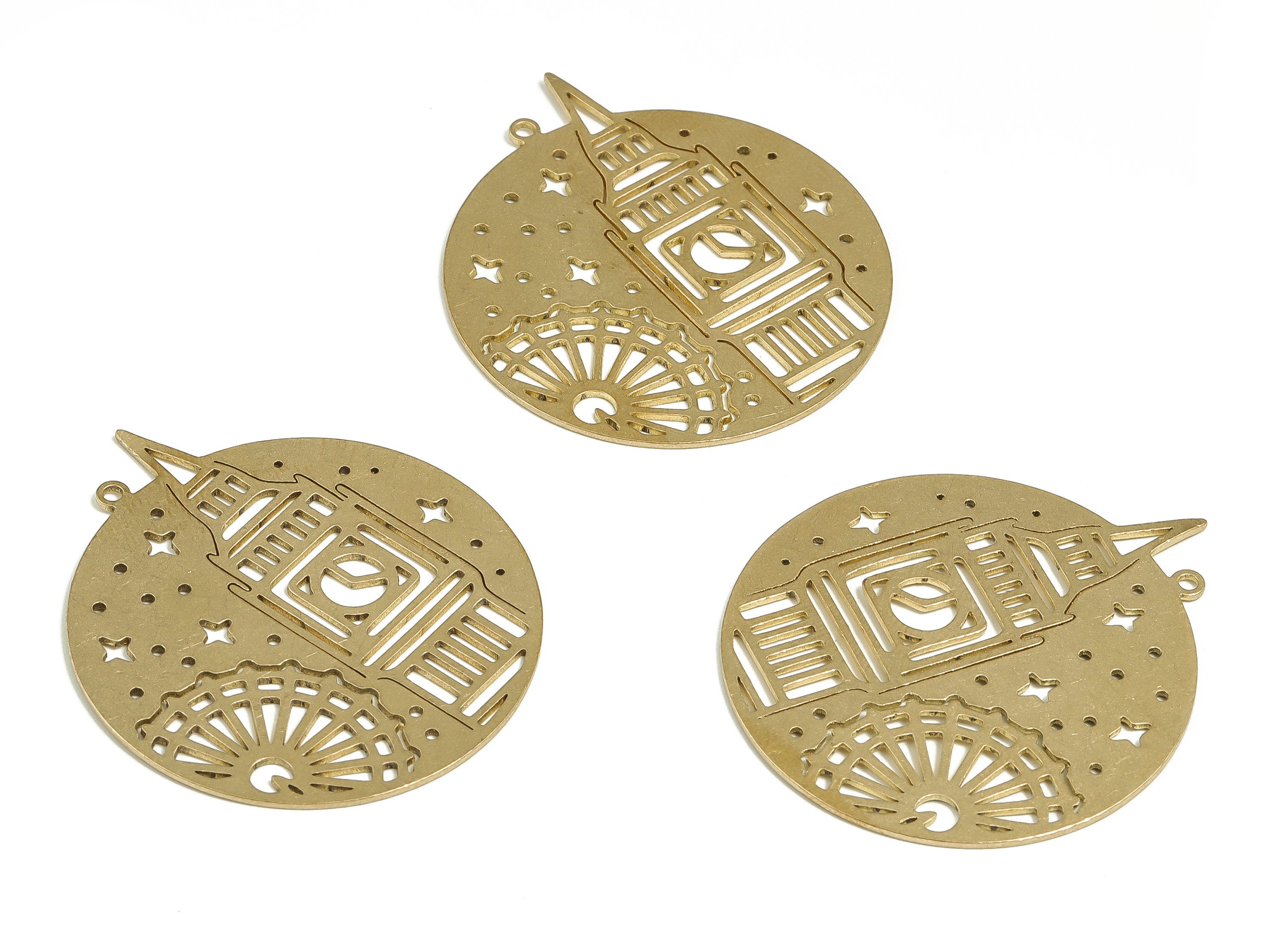 Brass Round Ferris Wheel Earring Charms - Raw Brass Clock Star Pendant - Earrings Finding - Jewelry Supplies - 40.53x34.93x0.76mm - PP4700 - DOMEDBAZAAR
