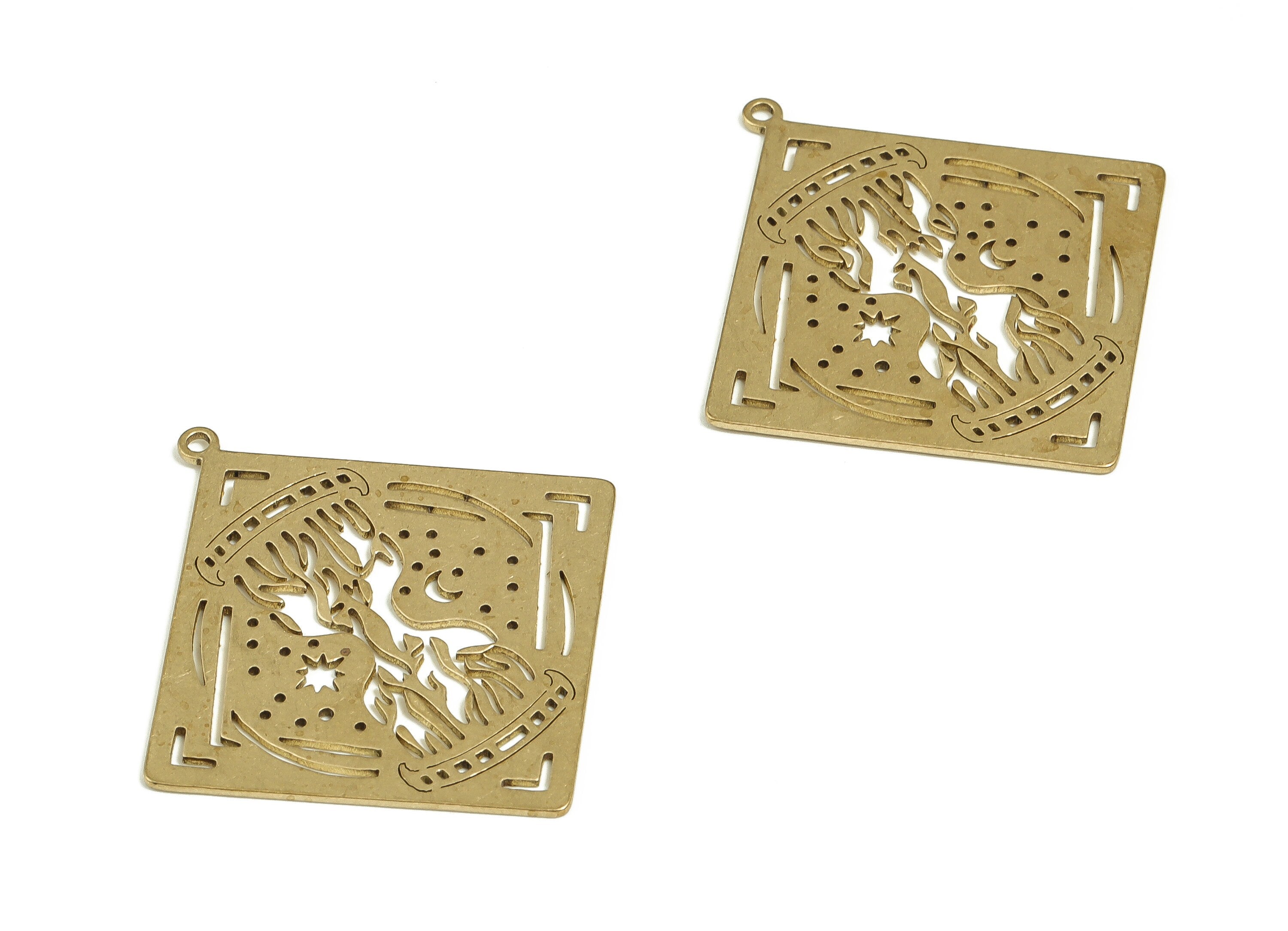 Brass Square Earring Charms - Raw Brass Moon Star Pendant - Earrings Finding - Jewelry Making Supplies - 37.14x34.86x0.72mm - PP4697 - DOMEDBAZAAR