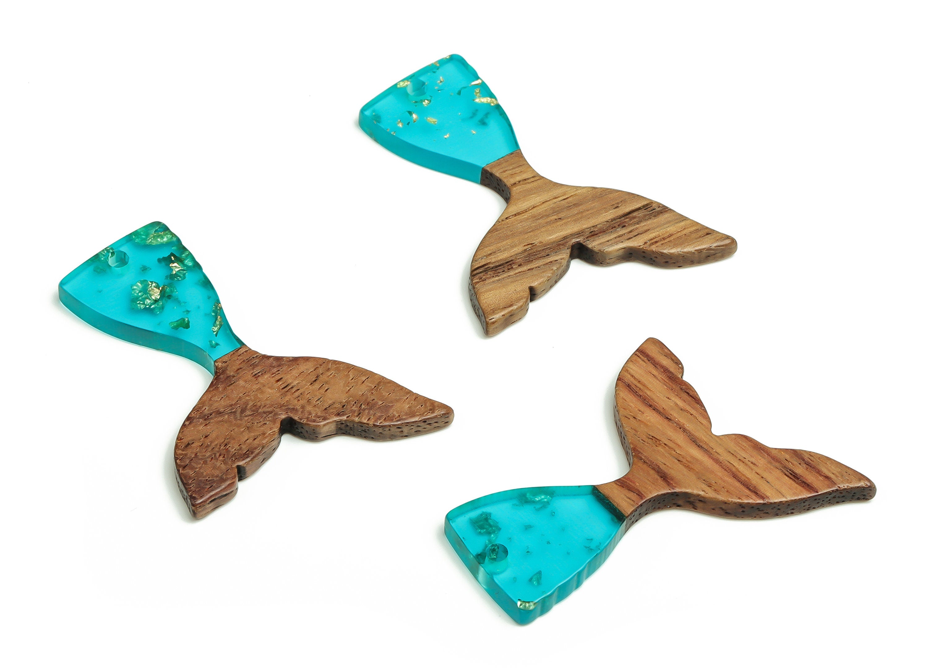 Walnut Wood Fish tail Charms - Resin Fish tail Pendant - Blue & Coffee Resin Fish tail - Jewelry Supplies - 38.49x27.99x3.08mm - BB1101B - DOMEDBAZAAR