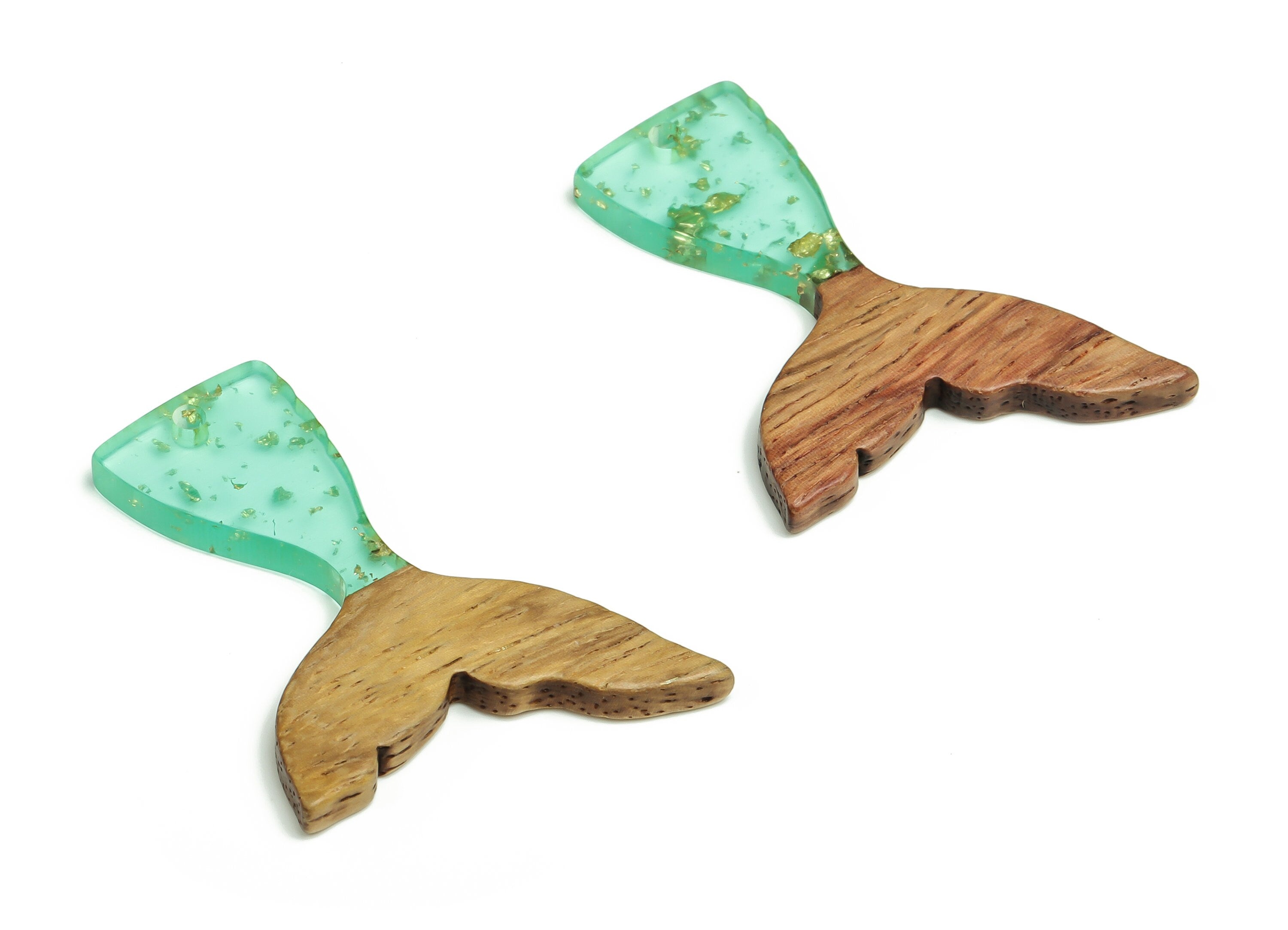Walnut Wood Fish tail Charms - Resin Fish tail Pendant - Green & Coffee Resin Fish tail - Jewelry Supplies - 38.49x27.99x3.08mm - BB1101C - DOMEDBAZAAR