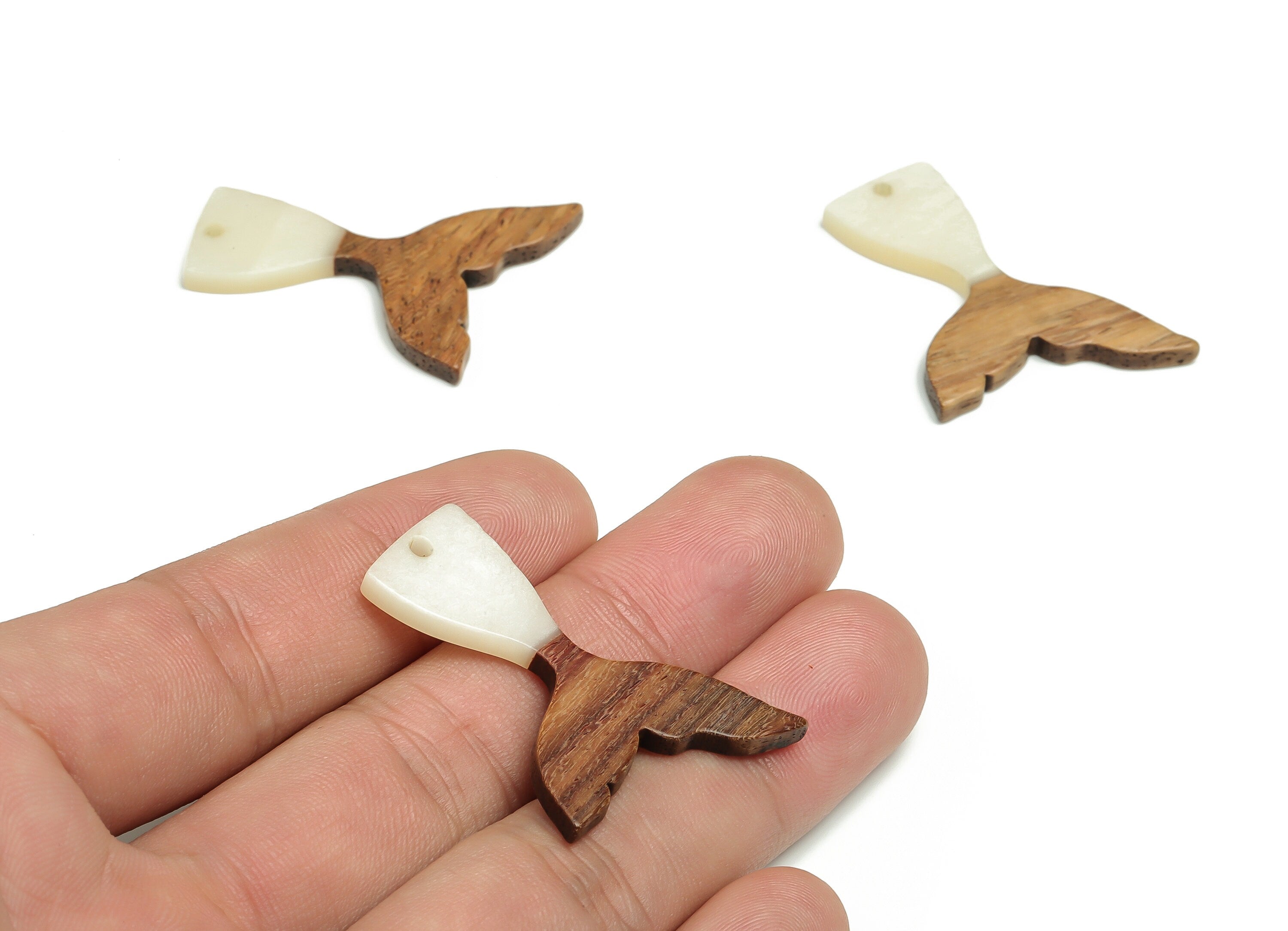 Walnut Wood Fish tail Charms - Resin Fish tail Pendant - Milk White & Coffee Resin Fish tail - Jewelry Supplies - 38.49x28x3.1mm - BB1101E - DOMEDBAZAAR