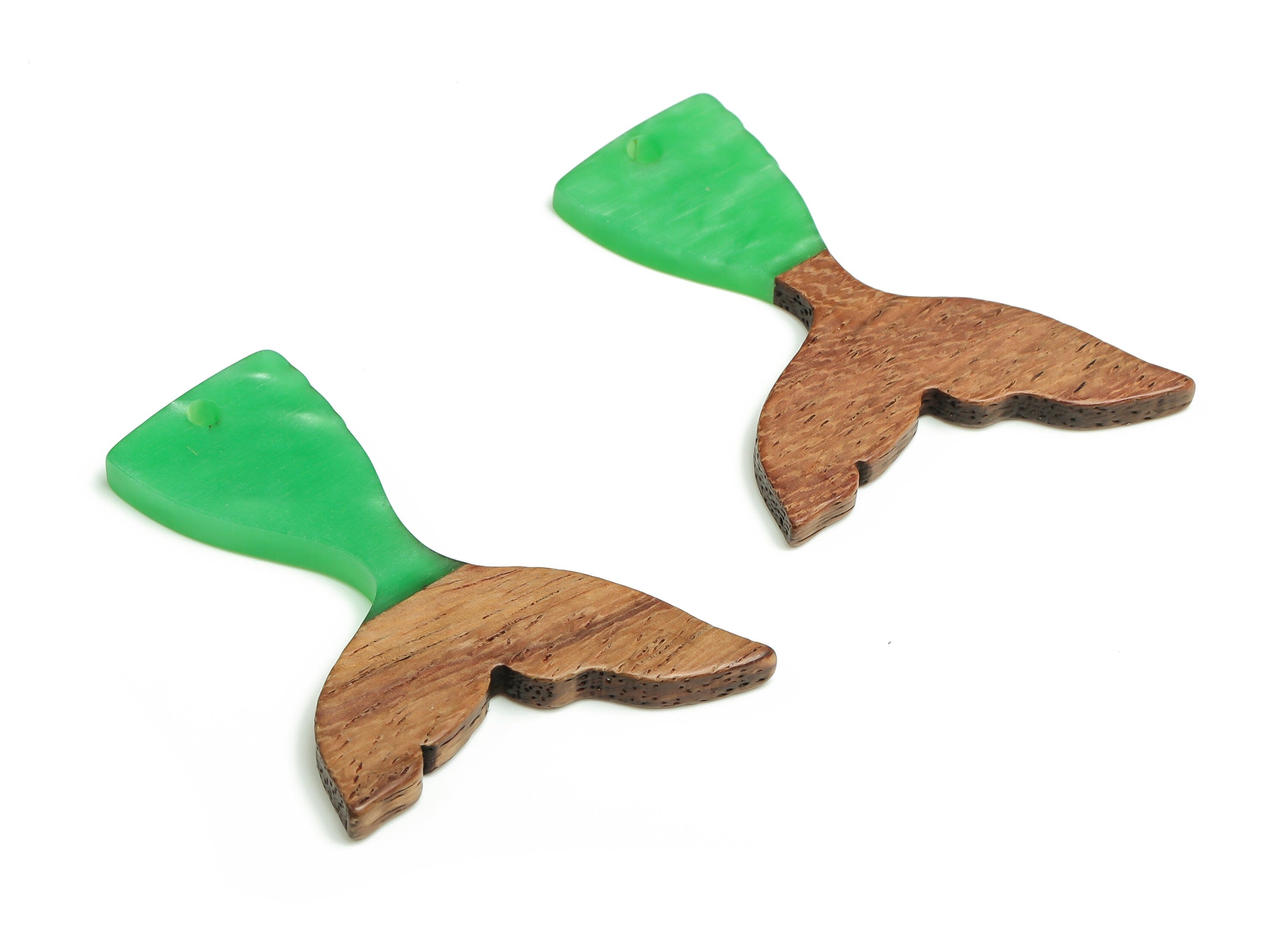 Walnut Wood Fish tail Charms - Resin Fish tail Pendant - Light Green & Coffee Resin Fish tail - Jewelry Supplies - 38.49x28x3.1mm - BB1101H - DOMEDBAZAAR
