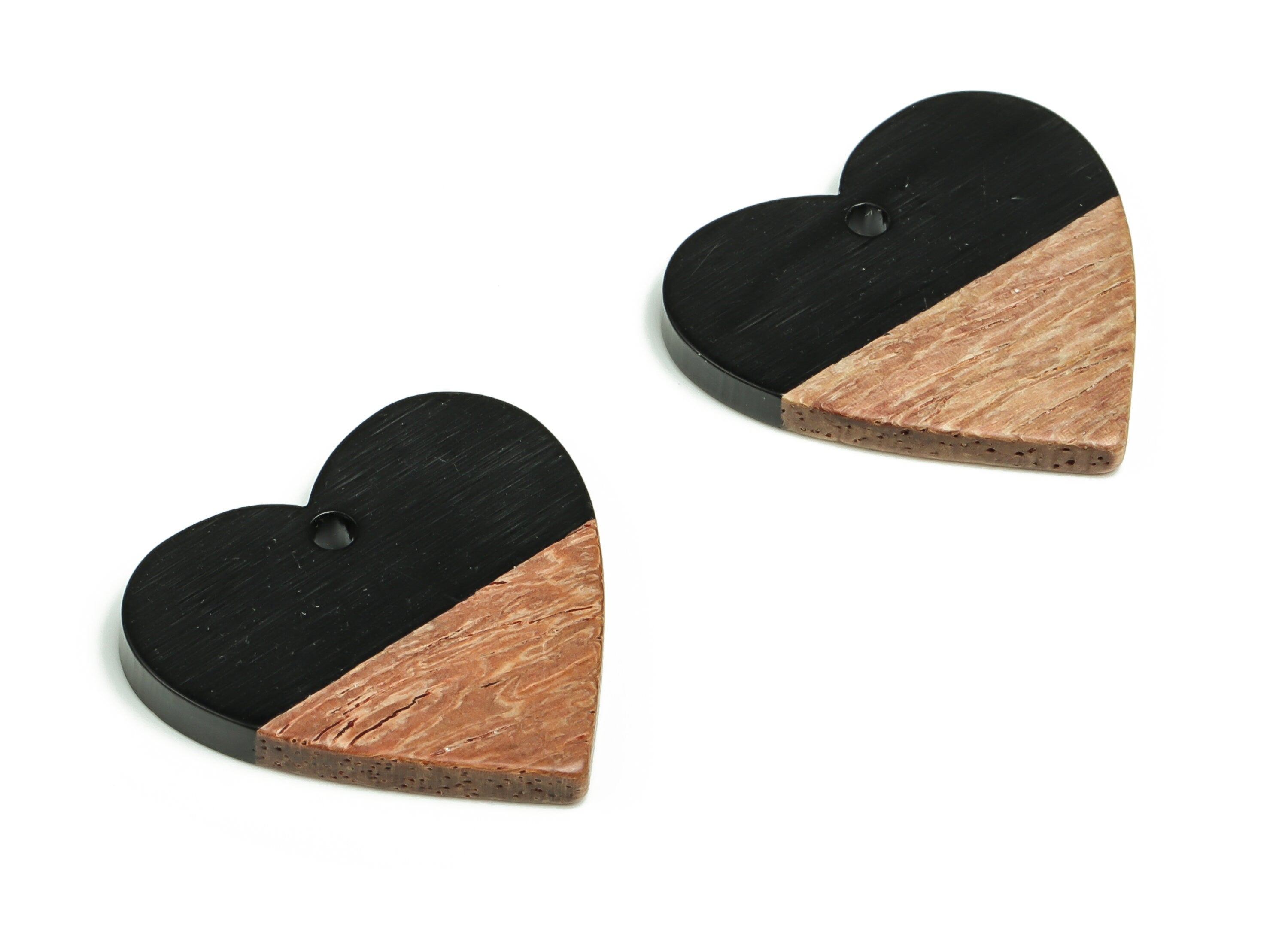 Walnut Wood Heart Earring Charms - Resin Heart Pendant - Black & Coffee Resin Heart - Jewelry Making Supplies - 24.78x23.98x2.8mm - BB1102A - DOMEDBAZAAR