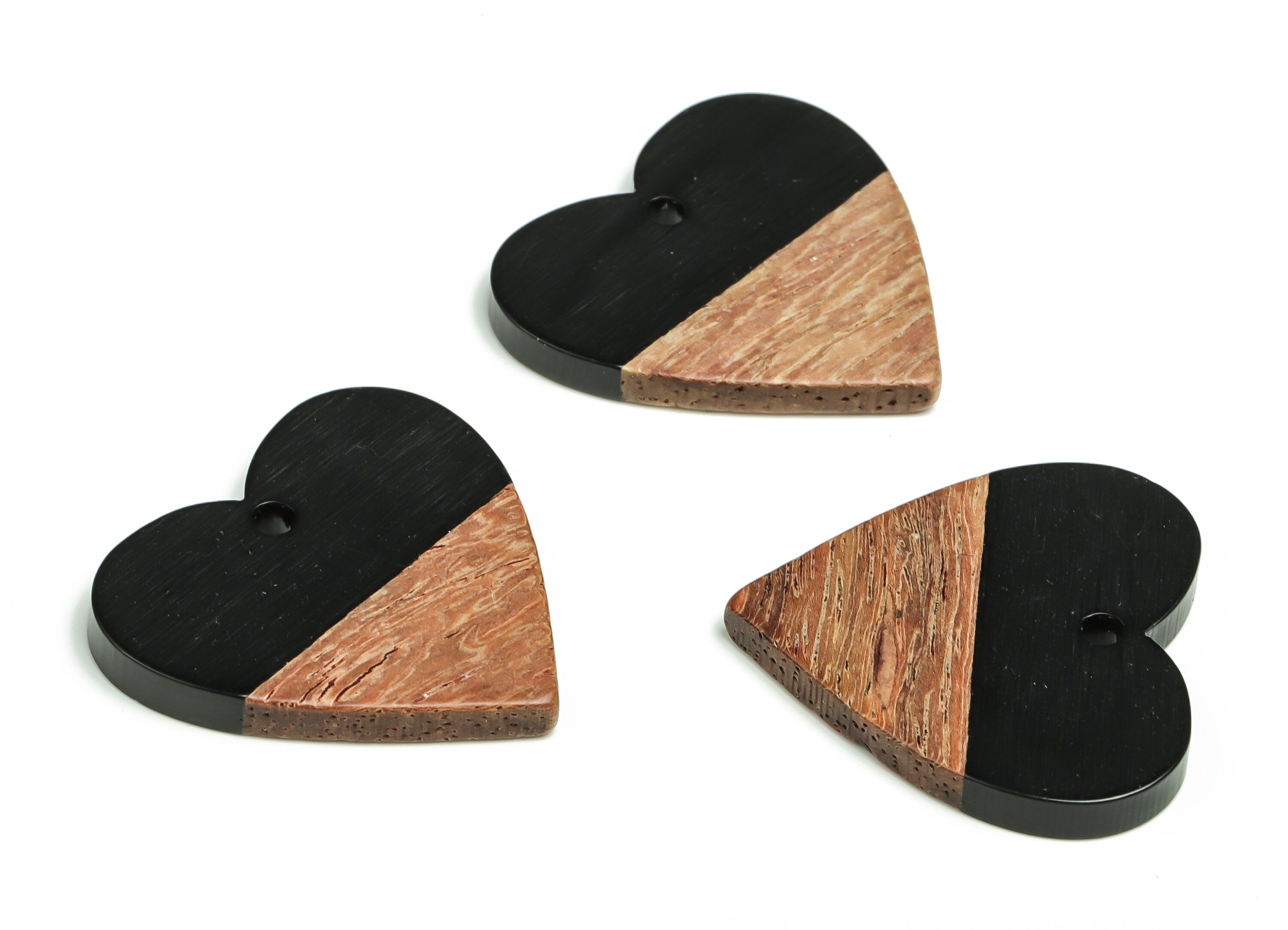 Walnut Wood Heart Earring Charms - Resin Heart Pendant - Black & Coffee Resin Heart - Jewelry Making Supplies - 24.78x23.98x2.8mm - BB1102A - DOMEDBAZAAR