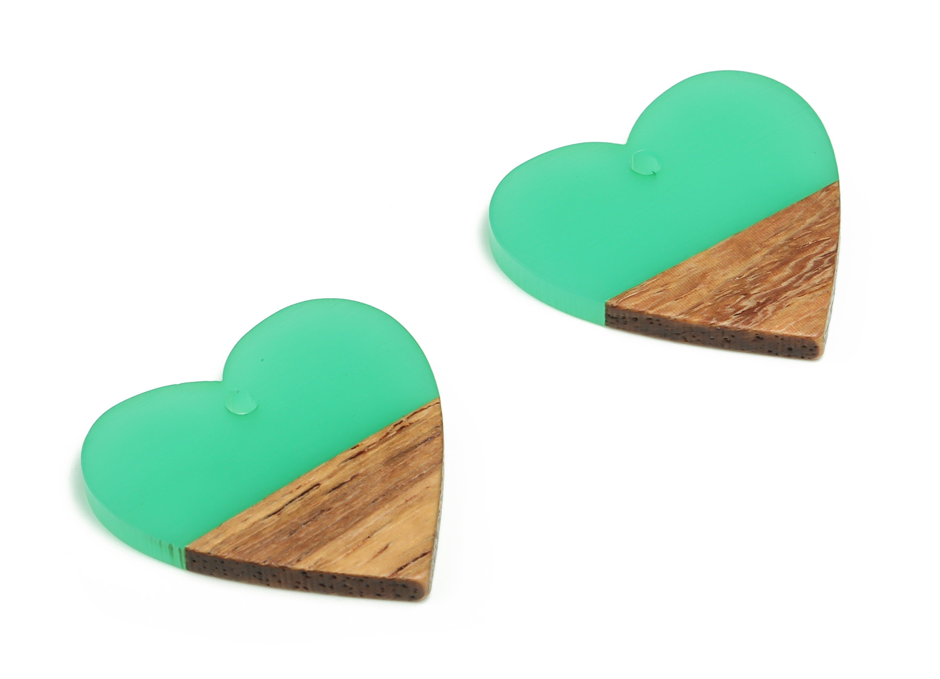 Walnut Wood Heart Earring Charms - Resin Heart Pendant - Light Green & Coffee Resin Heart - Jewelry Supplies - 24.78x23.98x2.8mm - BB1102B - DOMEDBAZAAR