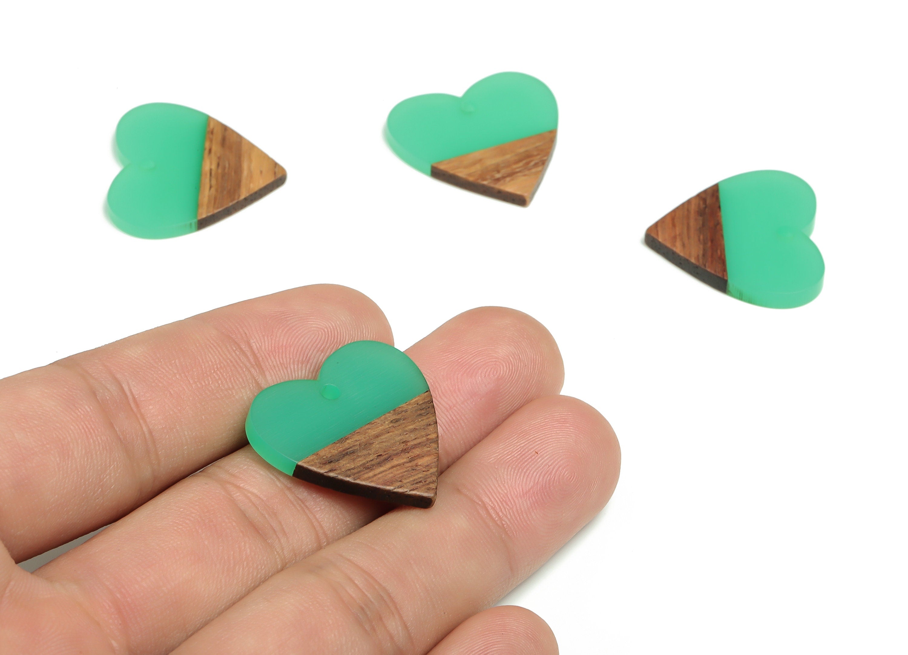 Walnut Wood Heart Earring Charms - Resin Heart Pendant - Light Green & Coffee Resin Heart - Jewelry Supplies - 24.78x23.98x2.8mm - BB1102B - DOMEDBAZAAR